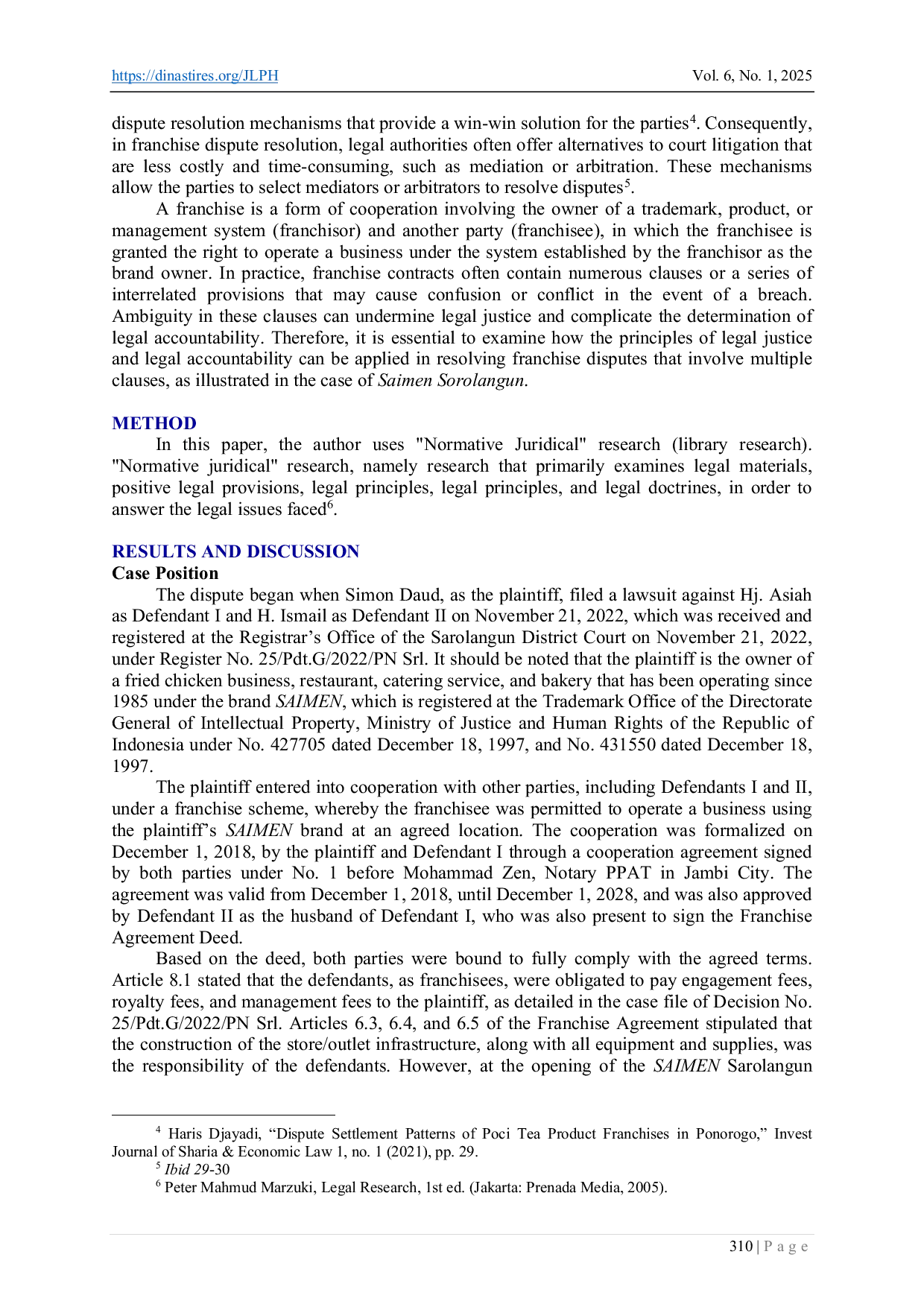 JURIS Legal Justice and Legal Accountability in Multi Clause Franchise Disputes Case Study Saimen Sarolangun