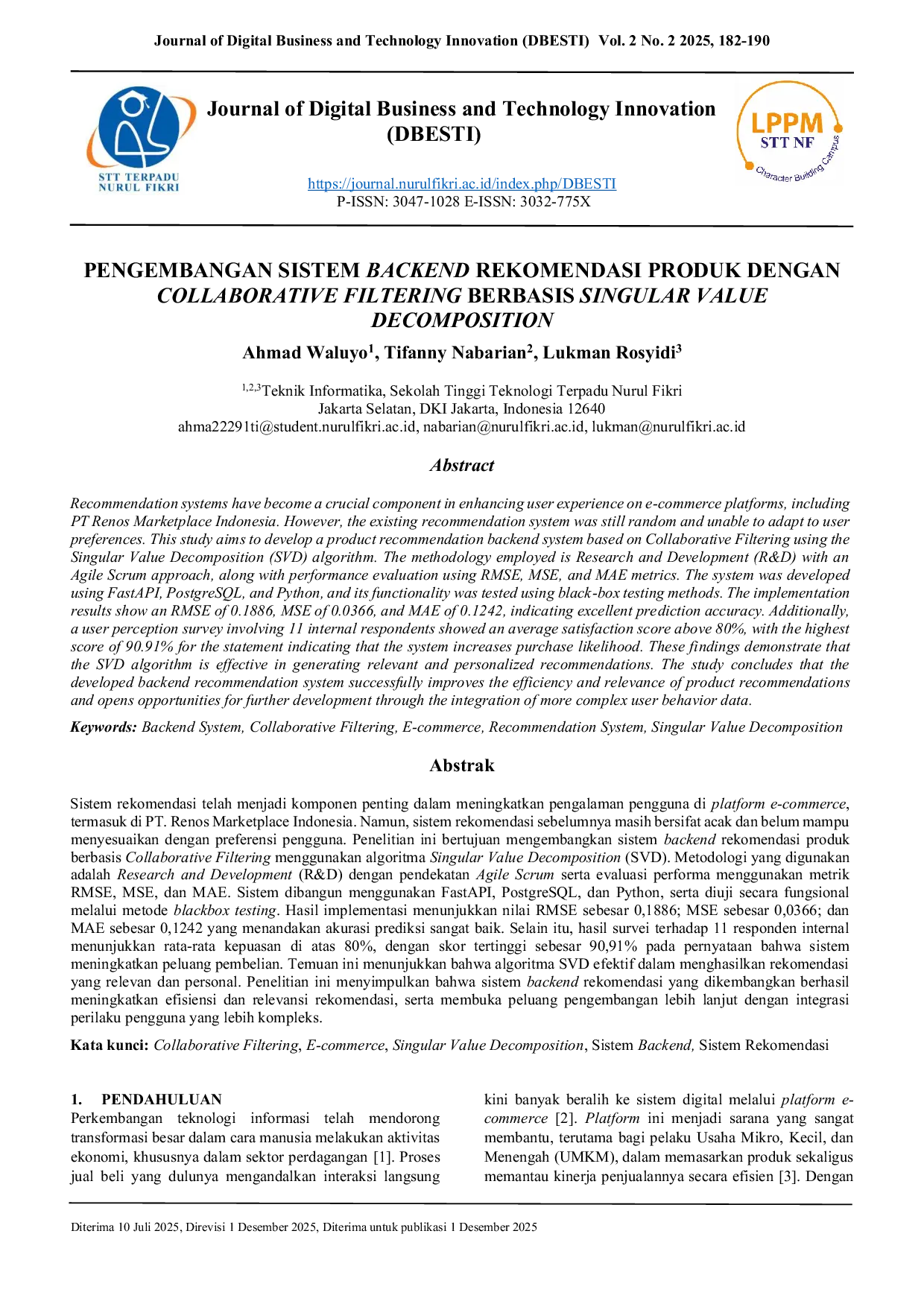 JURIS Pengembangan Sistem Backend Rekomendasi Produk dengan Collaborative Filtering Berbasis Singular Value Decomposition