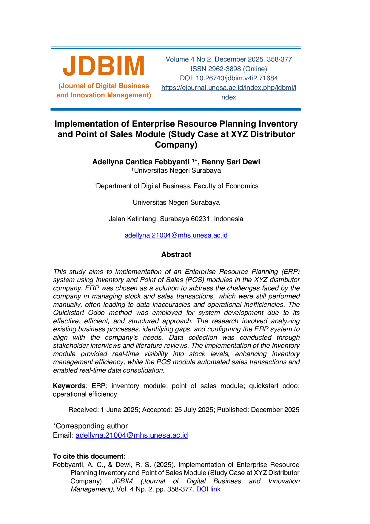 JURIS Implementation of Enterprise Resource Planning Inventory and Point of Sales Module Study Case at XYZ Distributor Company