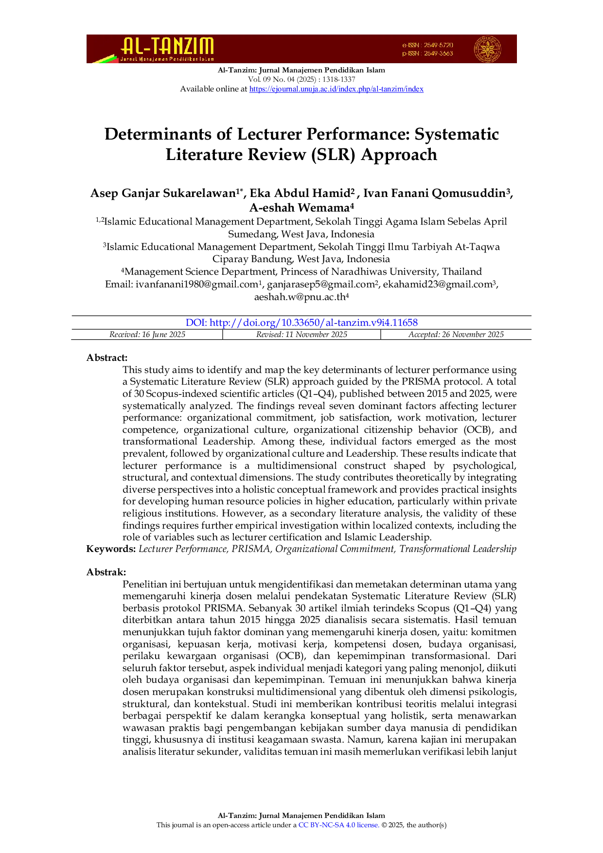 JURIS Determinants of Lecturer Performance Systematic Literature Review SLR Approach