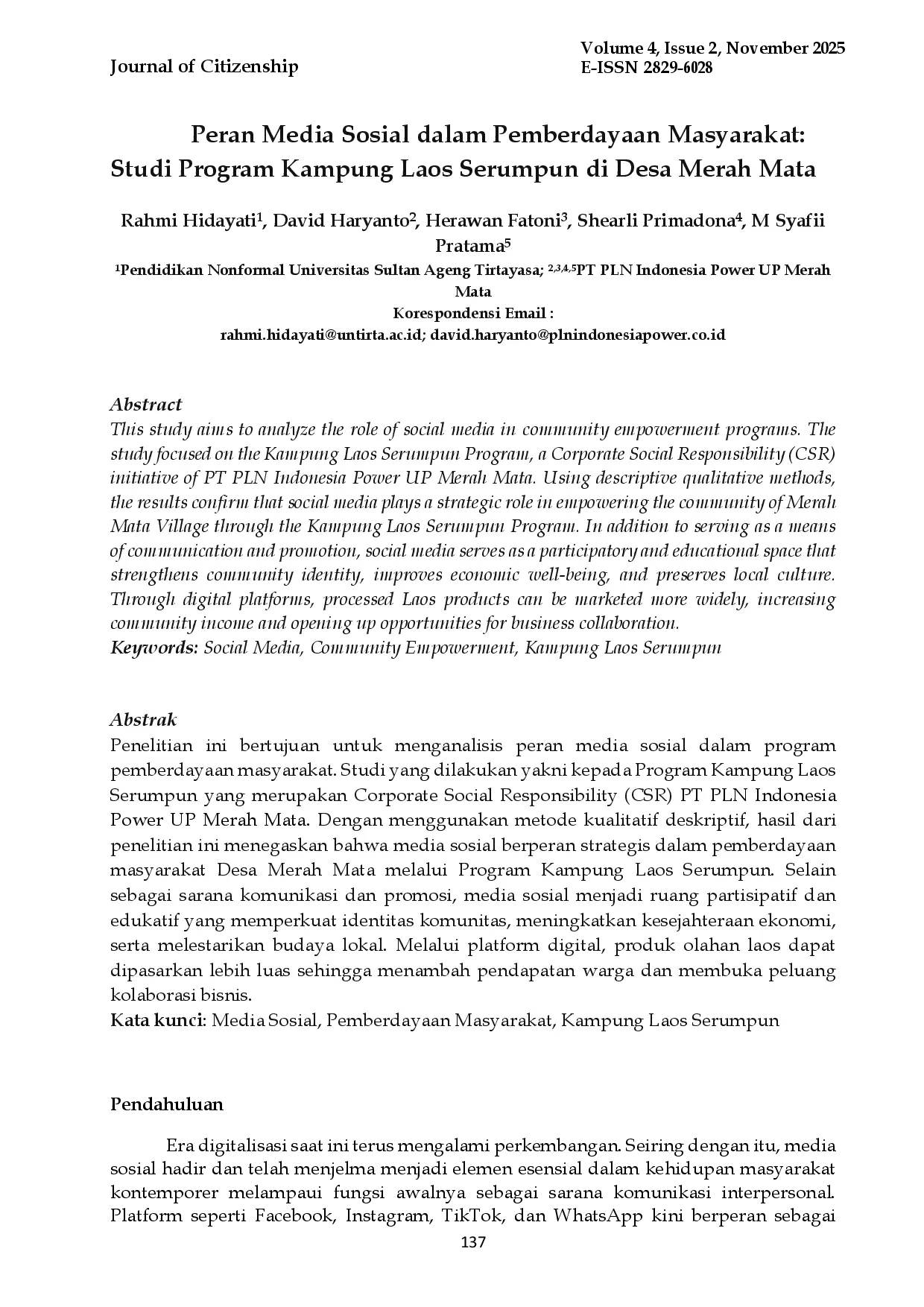 juris Peran Media Sosial dalam Pemberdayaan Masyarakat Studi Program Kampung Laos Serumpun di Desa Merah Mata