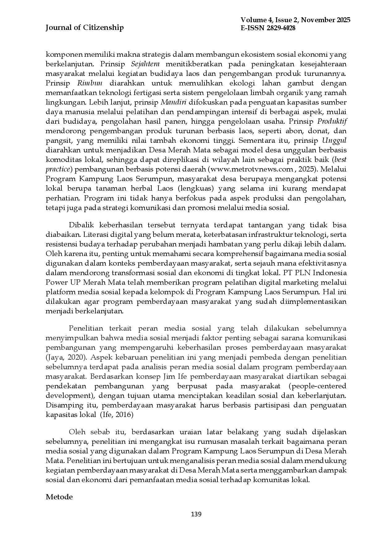 juris Peran Media Sosial dalam Pemberdayaan Masyarakat Studi Program Kampung Laos Serumpun di Desa Merah Mata