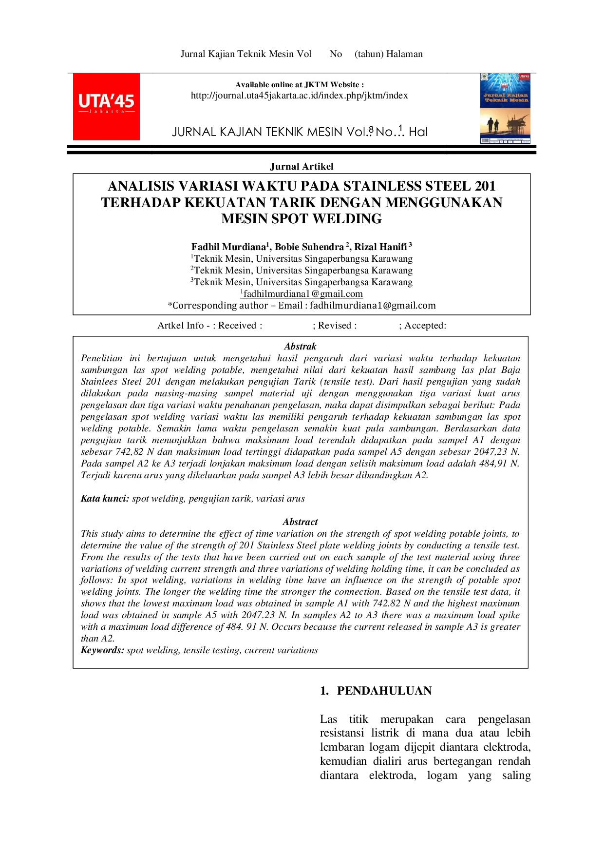 JURIS Analisis Variasi Waktu Pada Stainless Steel 201 Terhadap Kekuatan Tarik Dengan Menggunakan Mesin Spot Welding