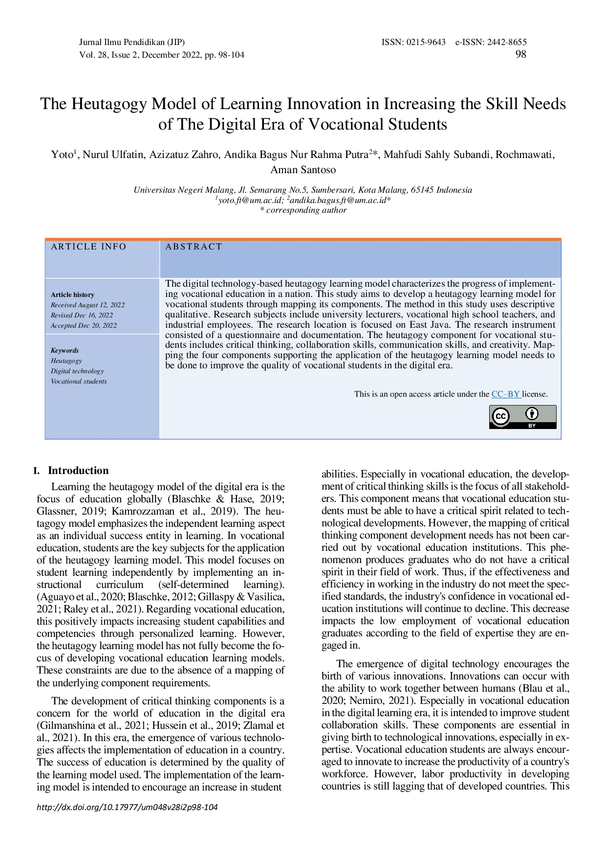 JURIS The Heutagogy Model of Learning Innovation in Increasing The Skill Needs of The Digital Era of Vocational Students