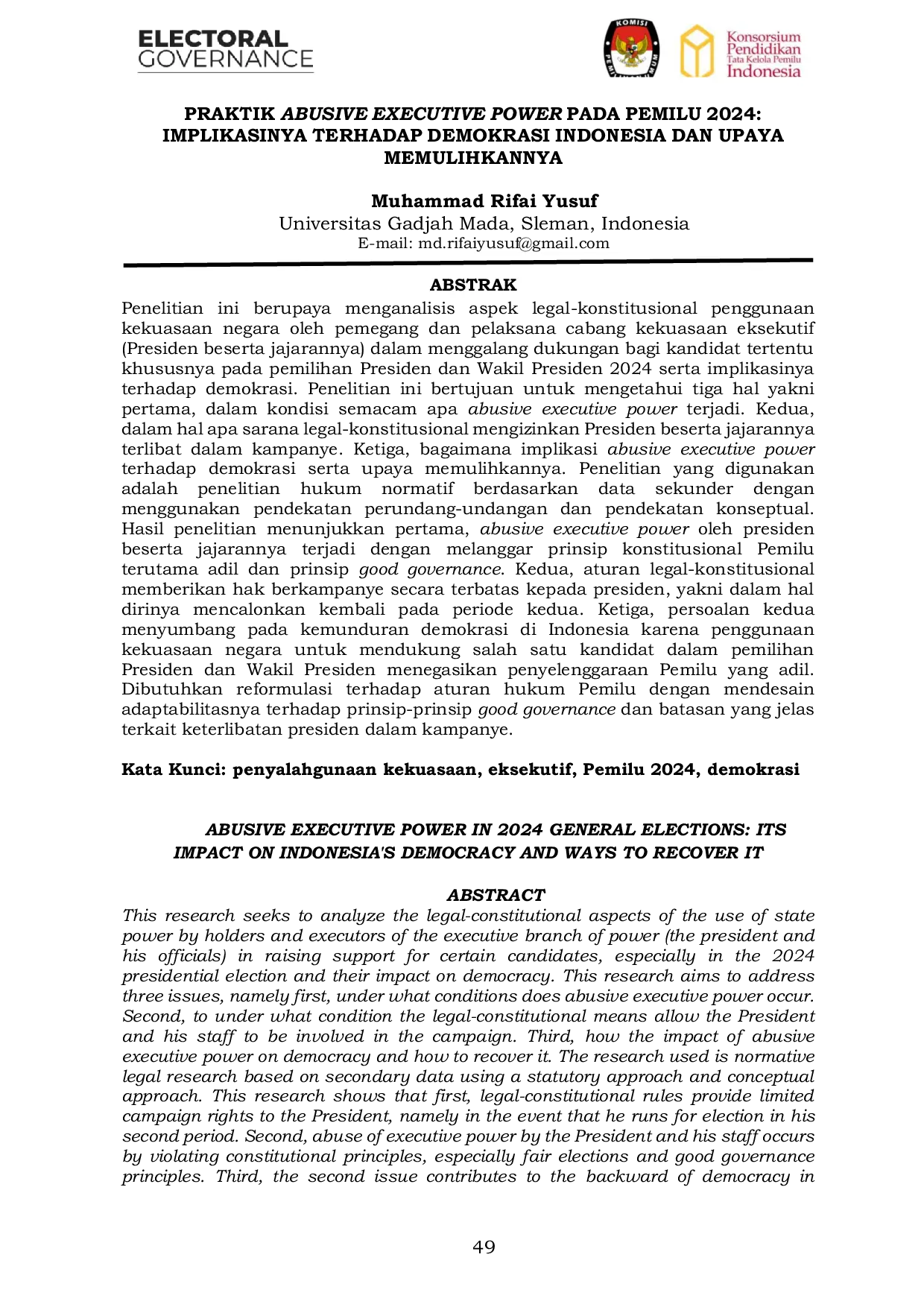 JURIS Praktik Abusive Executive Power Pada Pemilu 2024 Implikasinya Terhadap Demokrasi Indonesia Dan Upaya Memulihkannya