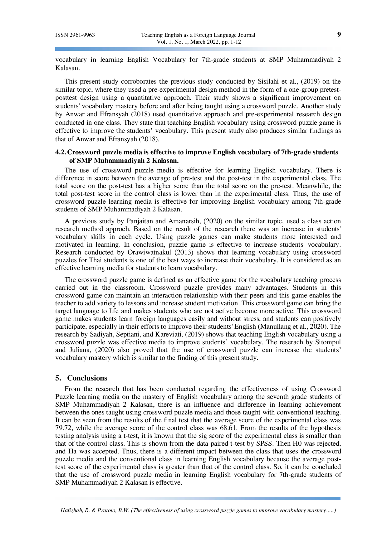 JURIS The effectiveness of using crossword puzzle games to improve vocabulary mastery of the 7th grade students of SMP Muhammadiyah 2 Kalasan