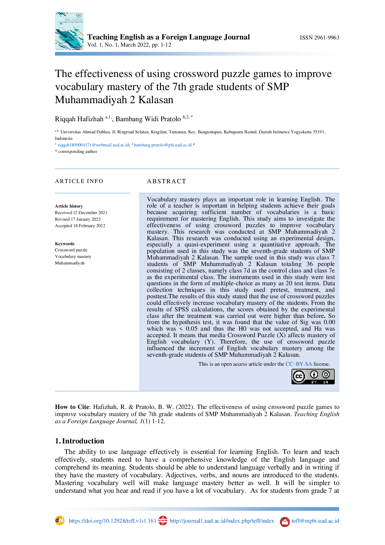 JURIS The effectiveness of using crossword puzzle games to improve vocabulary mastery of the 7th grade students of SMP Muhammadiyah 2 Kalasan