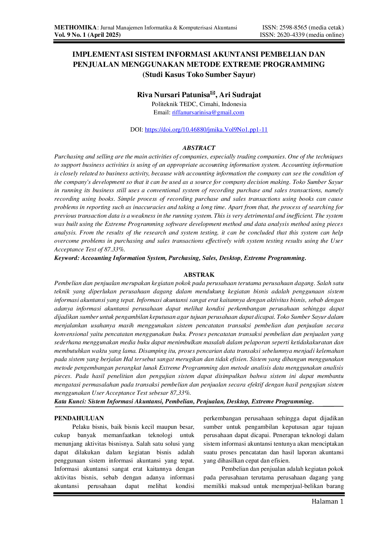 JURIS Implementasi Sistem Informasi Akuntansi Penjualan dan Pembelian Menggunakan Metode Extreme Programming Studi Kasus Toko Sumber Sayur