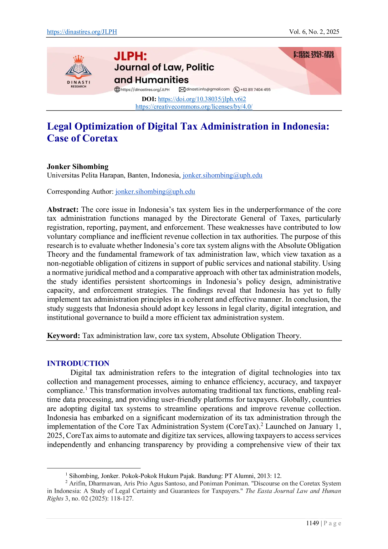 JURIS Legal Optimization of Digital Tax Administration in Indonesia Case of Coretax