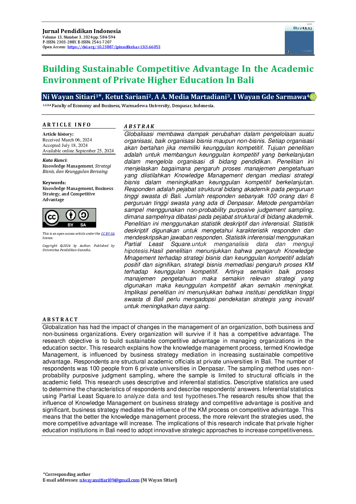 juris Building Sustainable Competitive Advantage In the Academic Environment of Private Higher Education In Bali