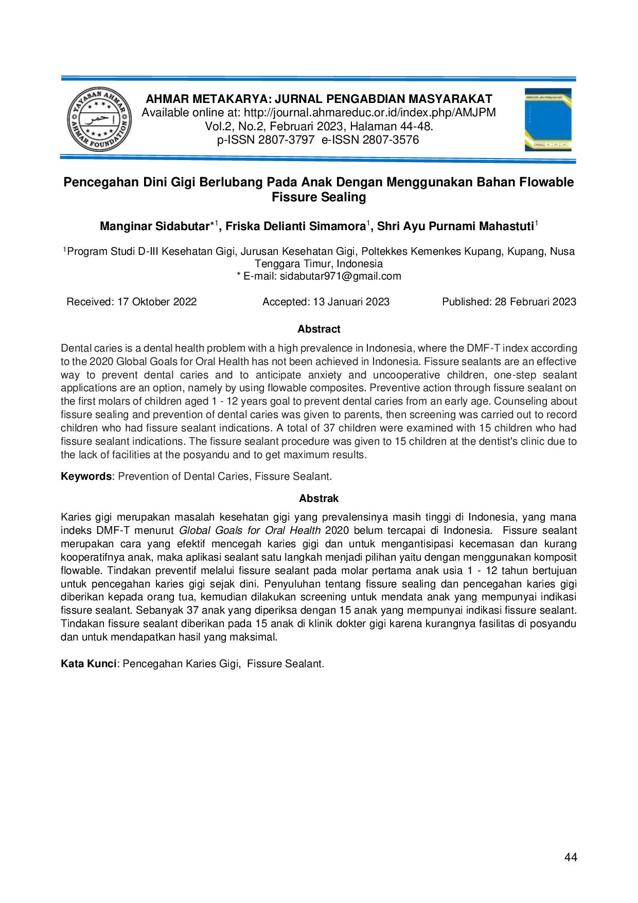 juris Pencegahan Dini Gigi Berlubang Pada Anak Dengan Menggunakan Bahan Flowable Fissure Sealing