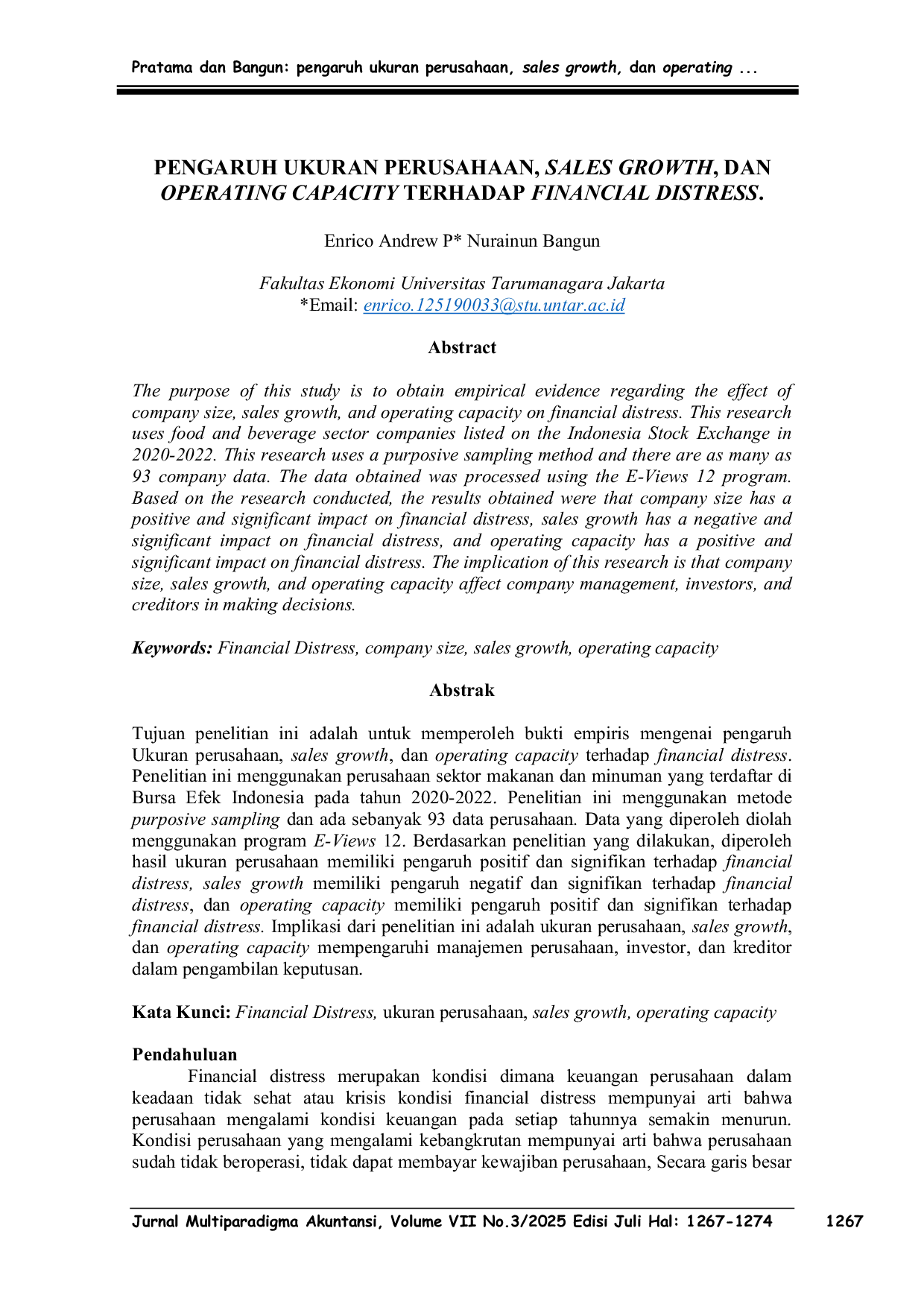 JURIS Pengaruh Ukuran Perusahaan Sales Growth Dan Operating Capacity Terhadap Financial Distress