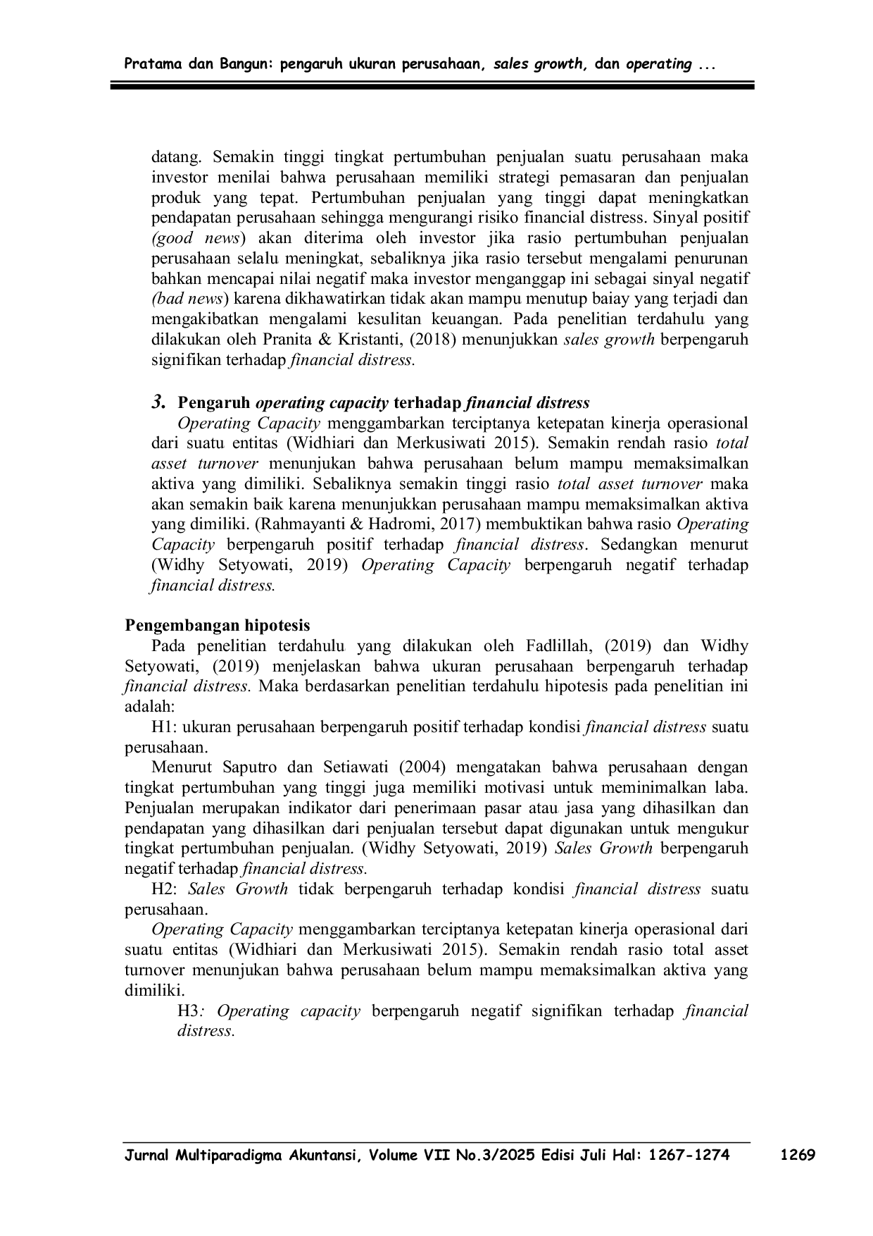JURIS Pengaruh Ukuran Perusahaan Sales Growth Dan Operating Capacity Terhadap Financial Distress