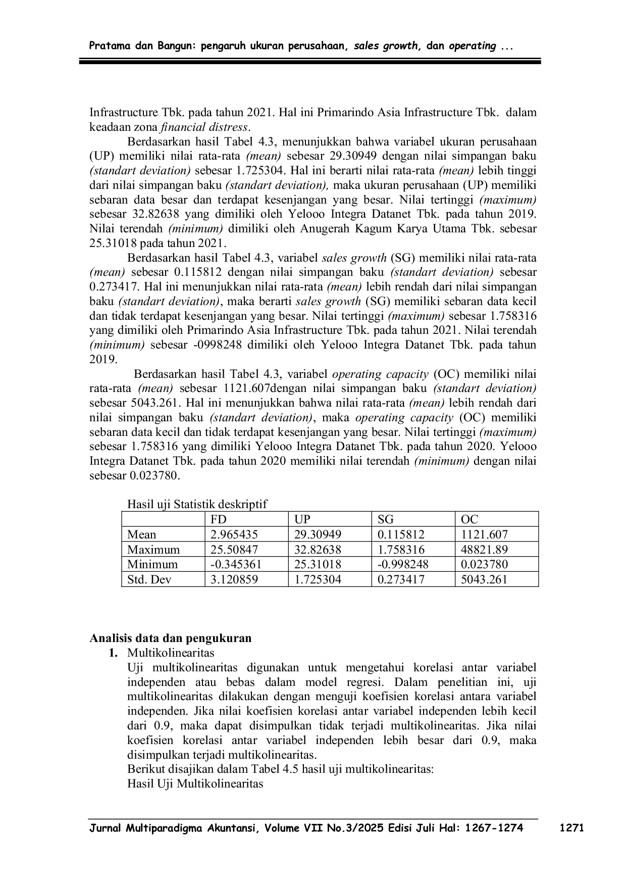 JURIS Pengaruh Ukuran Perusahaan Sales Growth Dan Operating Capacity Terhadap Financial Distress