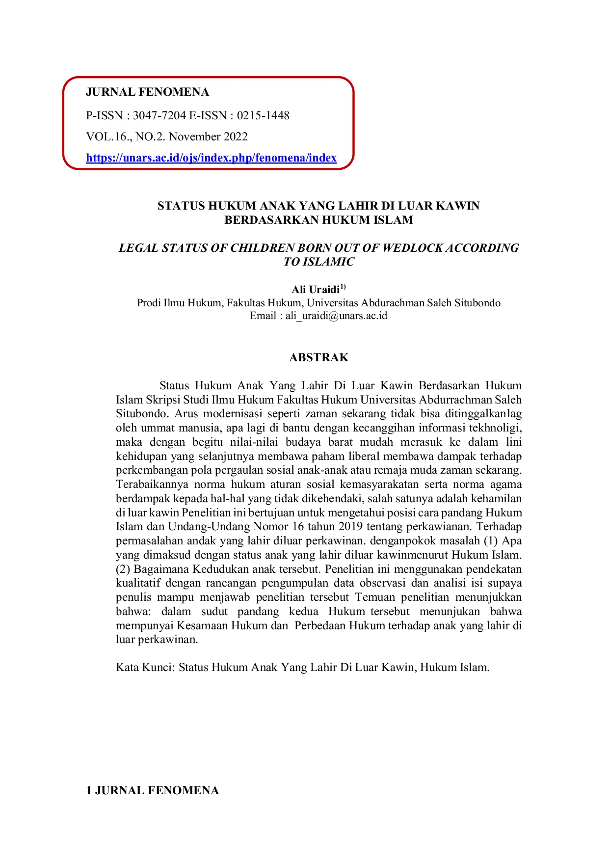 JURIS Status Hukum Anak Yang Lahir Di Luar Kawin Berdasarkan Hukum Islam