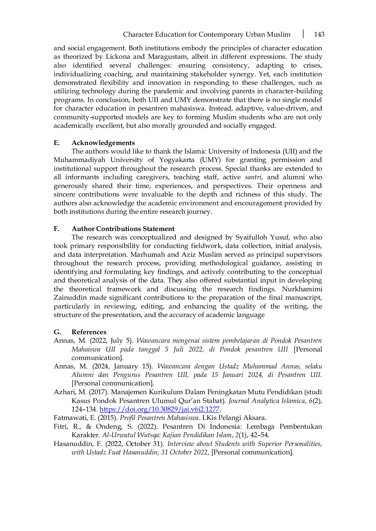 JURIS Character Education For Contemporary Urban Muslim Students A Comparative Study At Uii And Umy Student Islamic Boarding Schools