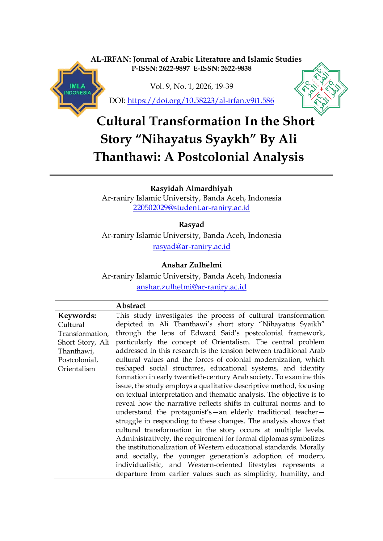 JURIS Cultural Transformation In The Short Story Nihayatus Syaykh By Ali Thanthawi A Postcolonial Analysis