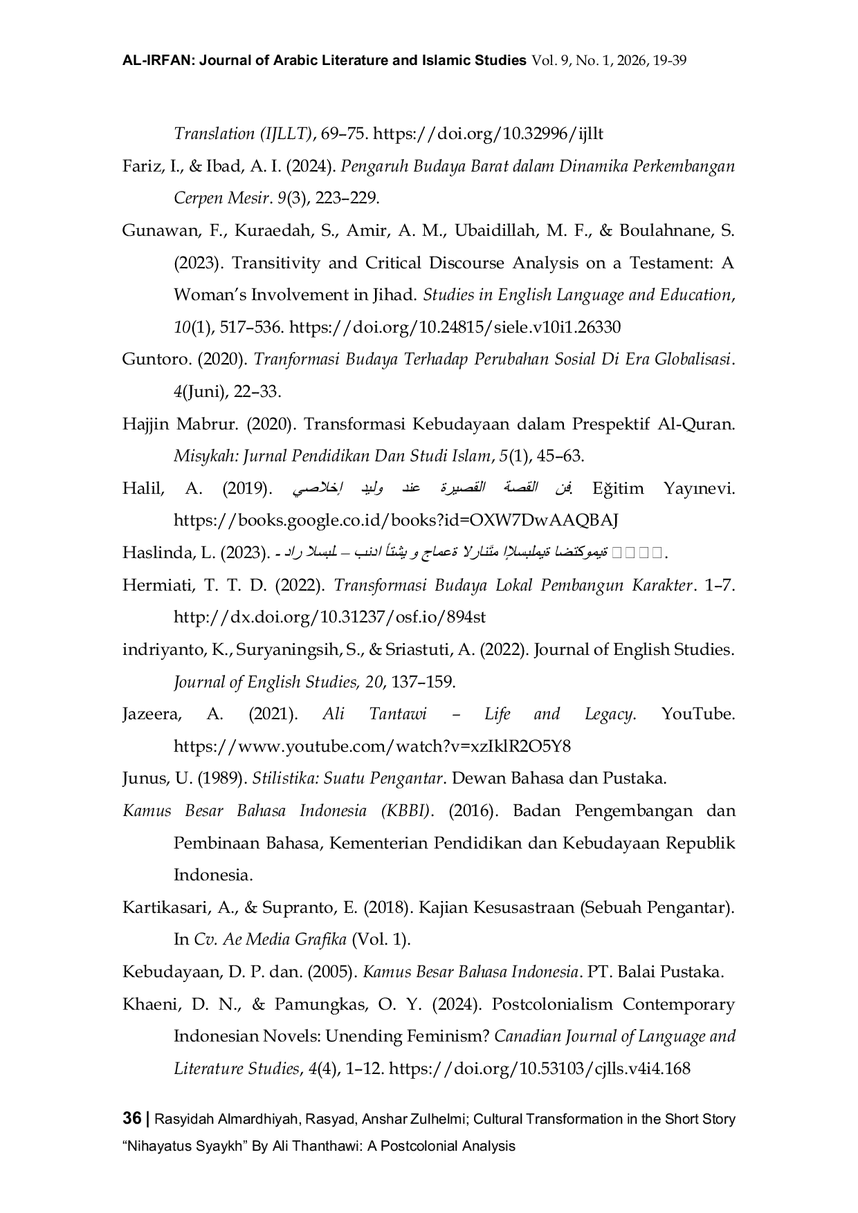 JURIS Cultural Transformation In The Short Story Nihayatus Syaykh By Ali Thanthawi A Postcolonial Analysis
