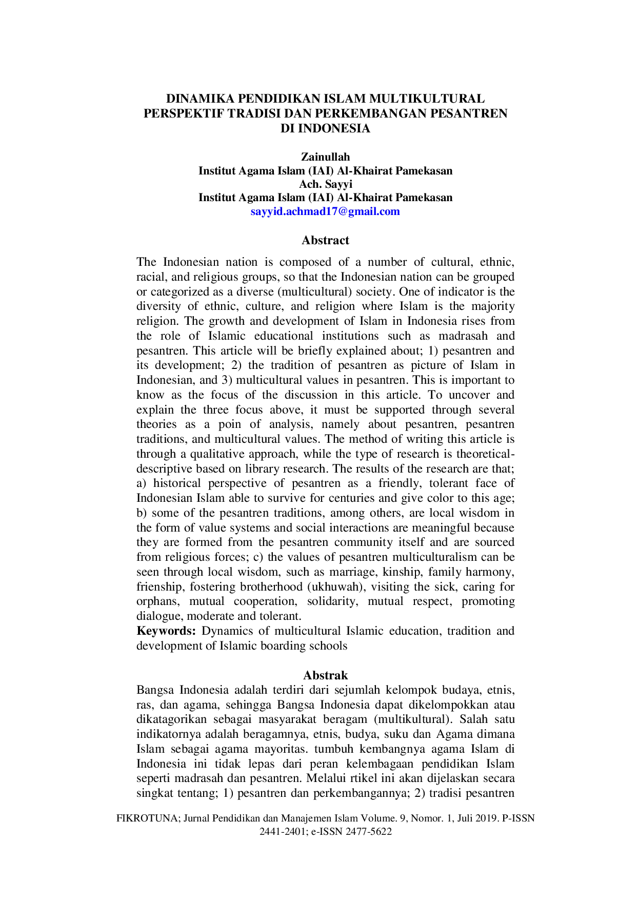 JURIS Dinamika Pendidikan Islam Multikultural Perspektif Tradisi dan Perkembangan Pesantren di Indonesia