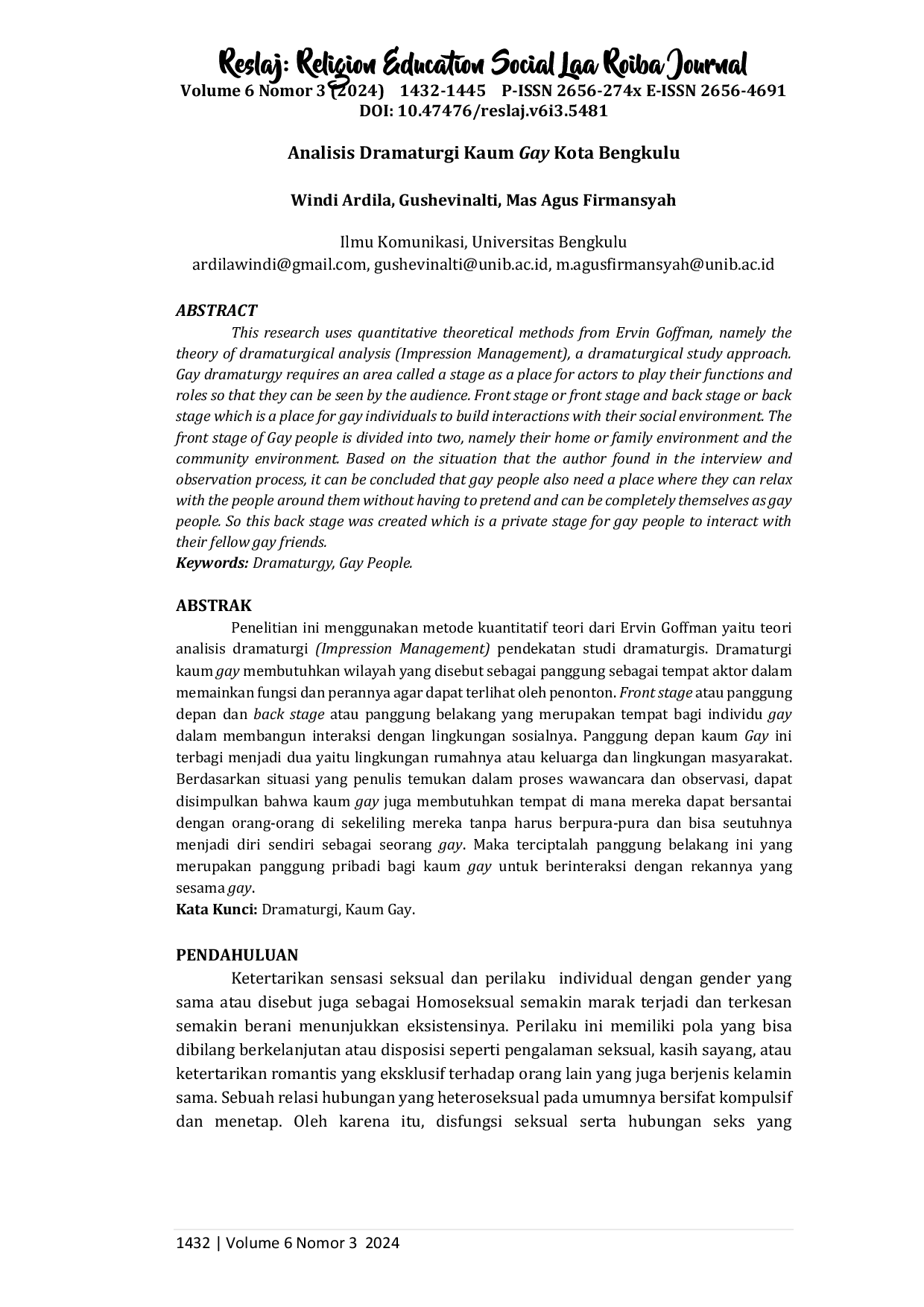 JURIS Analisis Dramaturgi Kaum Gay Kota Bengkulu