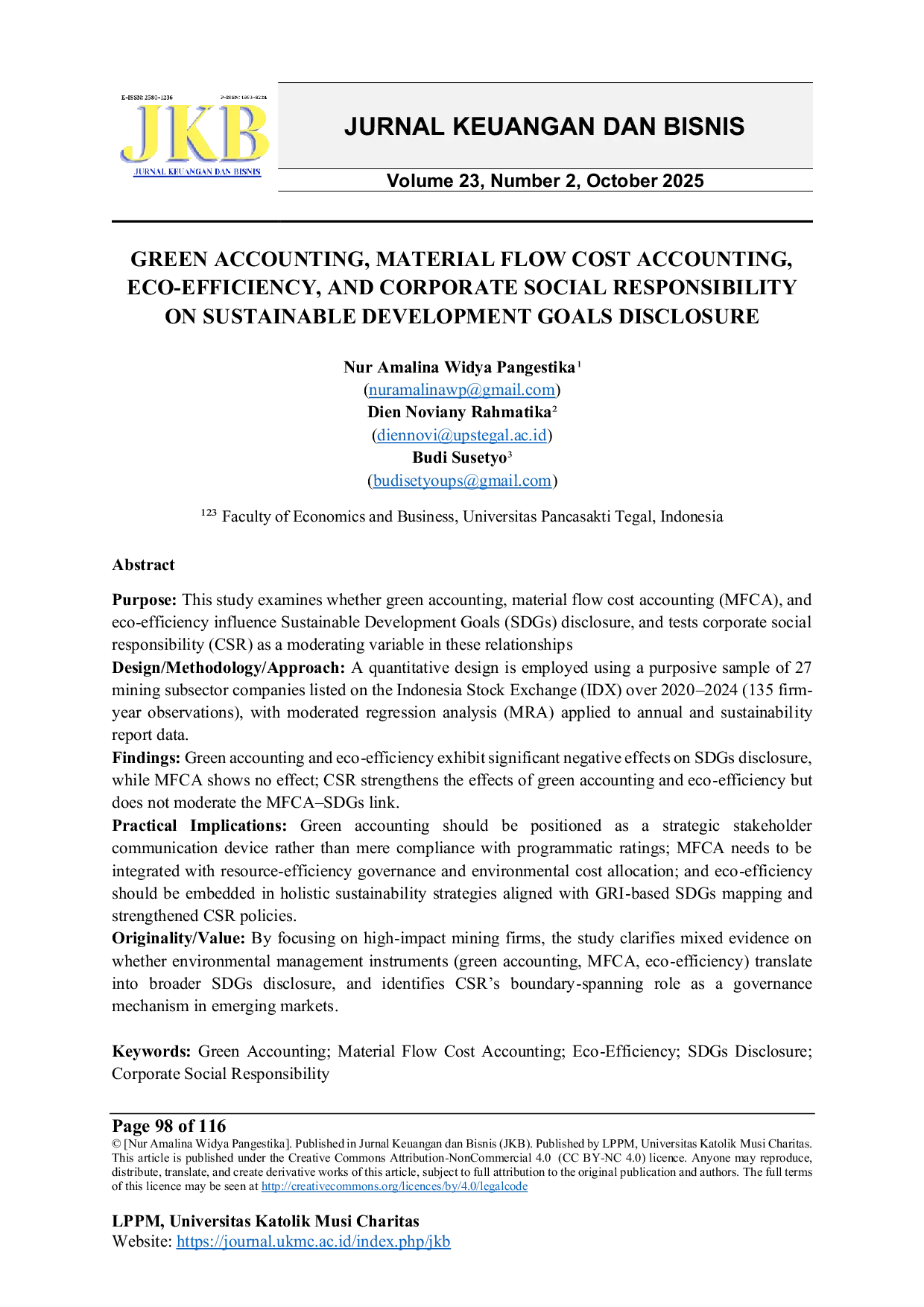 JURIS Green Accounting Material Flow Cost Accounting Eco Efficiency and Corporate Social Responsibility on Sustainable Development Goals Disclosure