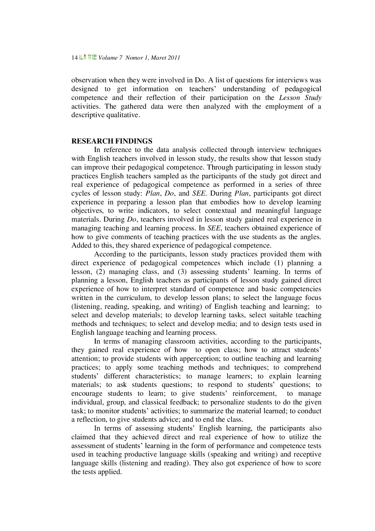 JURIS Enhancing English Teachers Pedagogical Competence Through Lesson Study Activities