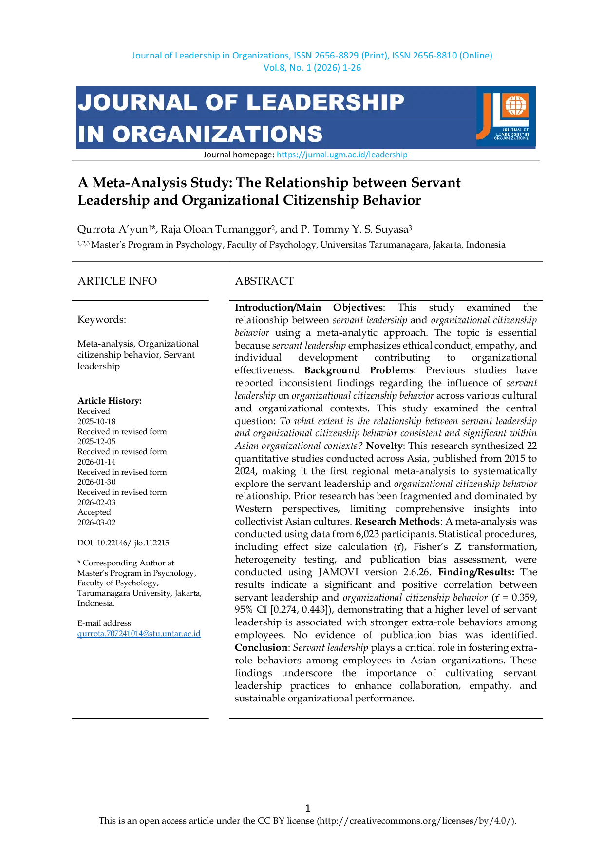 JURIS A Meta Analysis Study The Relationship between Servant Leadership and Organizational Citizenship Behavior