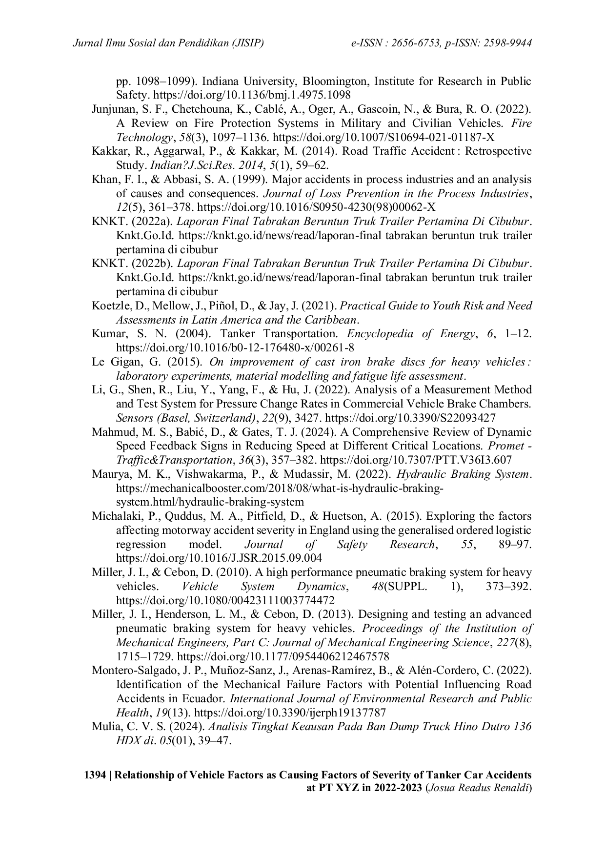 JURIS Relationship of Vehicle Factors as Causing Factors of Severity of Tanker Car Accidents at PT XYZ in 2022 2023