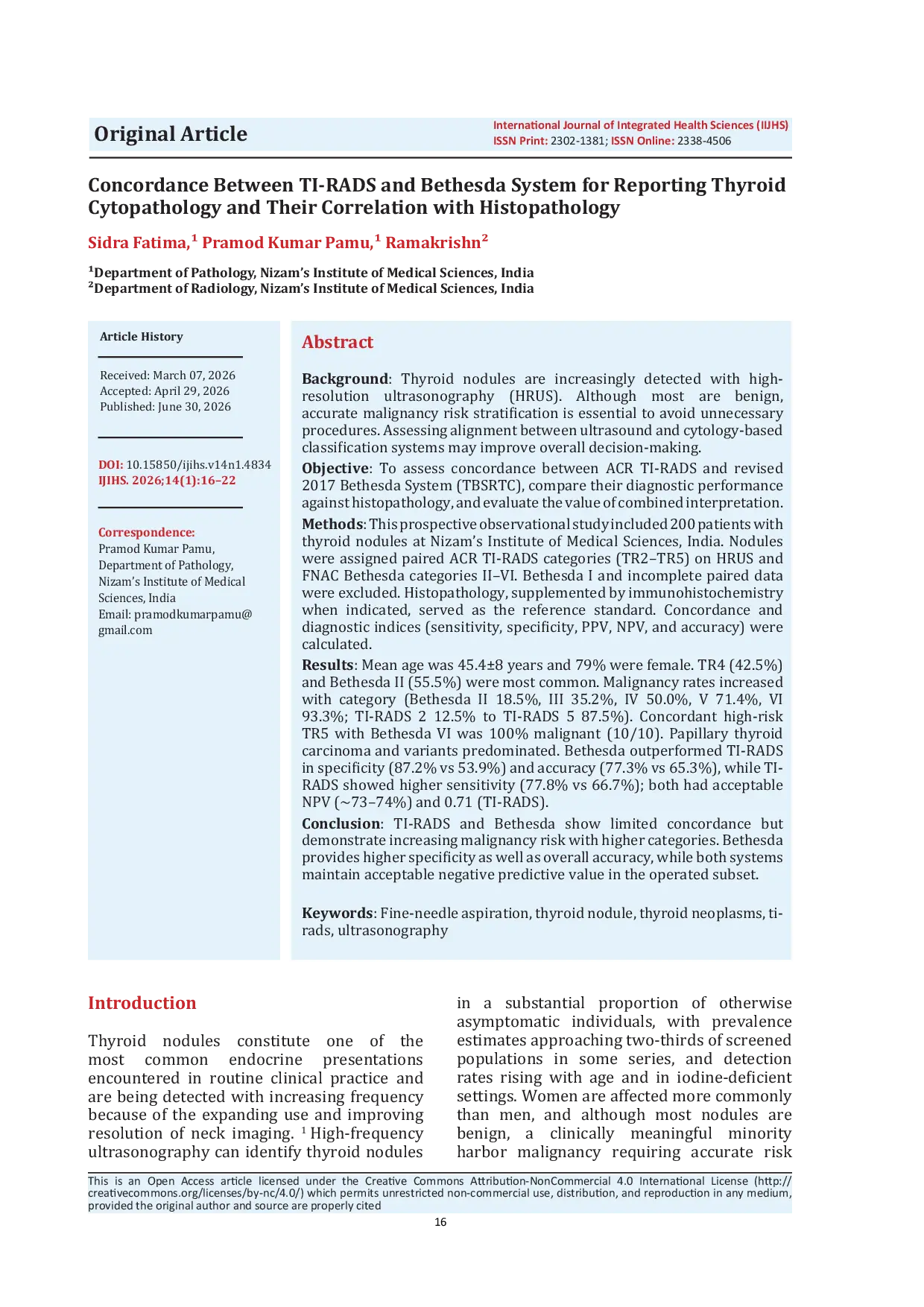 JURIS Concordance Between TI RADS and Bethesda System for Reporting Thyroid Cytopathology and Their Correlation with Histopathology
