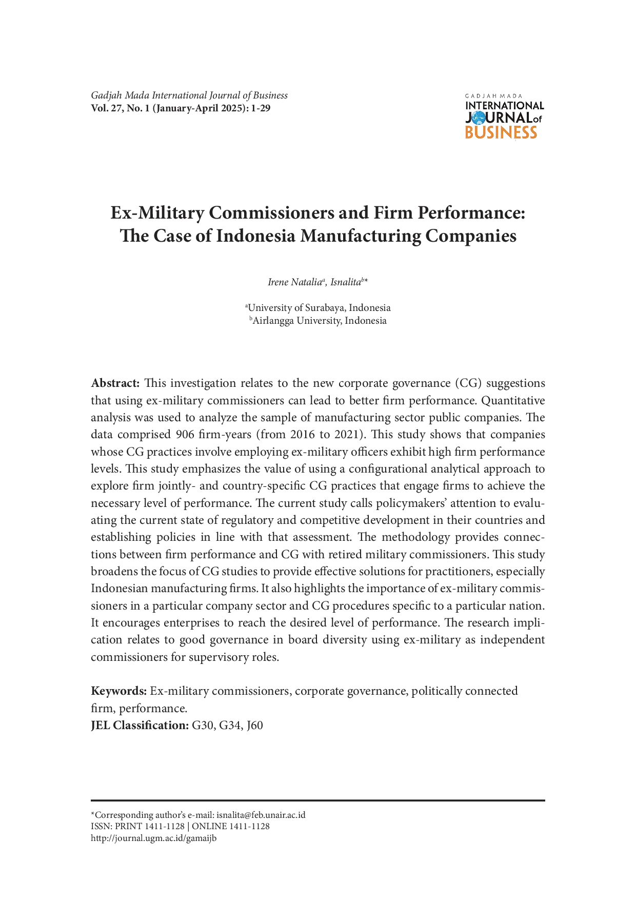 JURIS Ex Military Commissioners And Firm Performance The Case Of Indonesia Manufacturing Companies