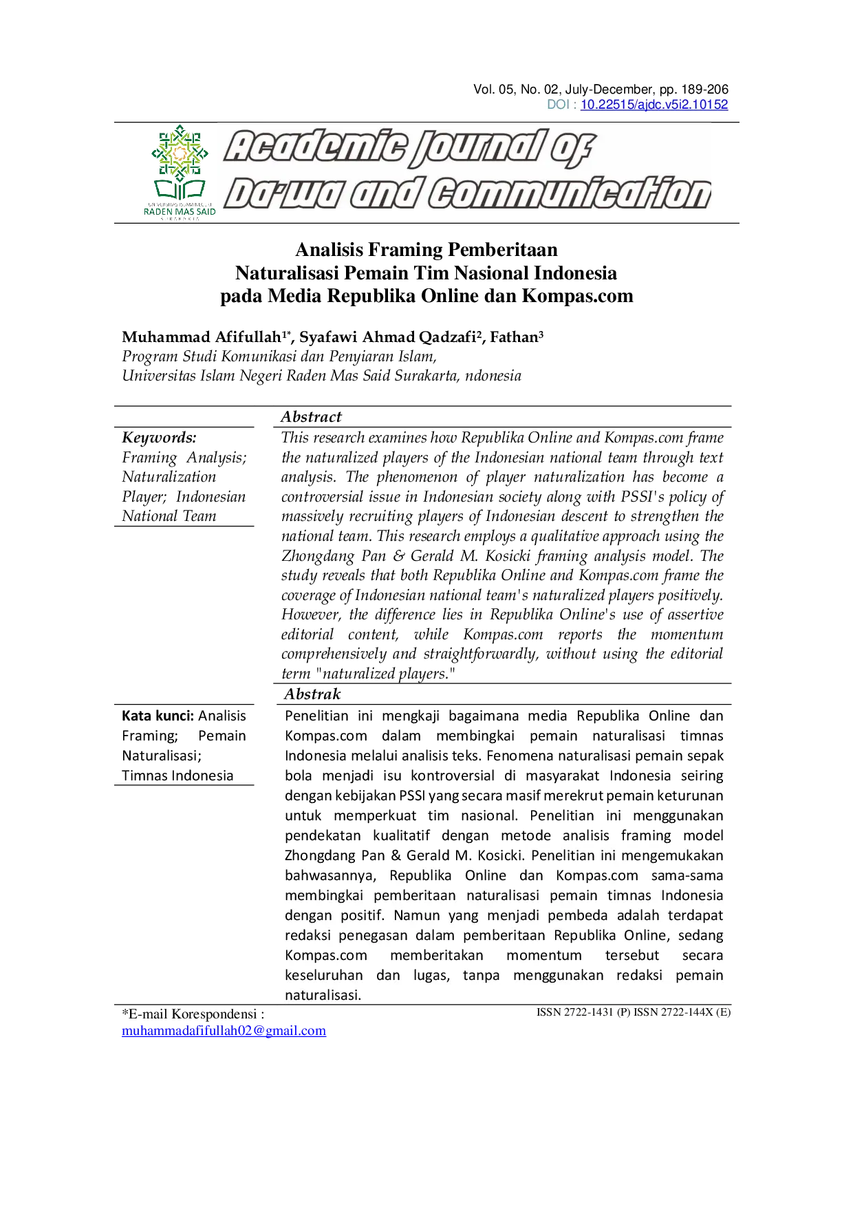 JURIS Analisis Framing Pemberitaan Naturalisasi Pemain Tim Nasional Indonesia pada Media Republika Online dan Kompas