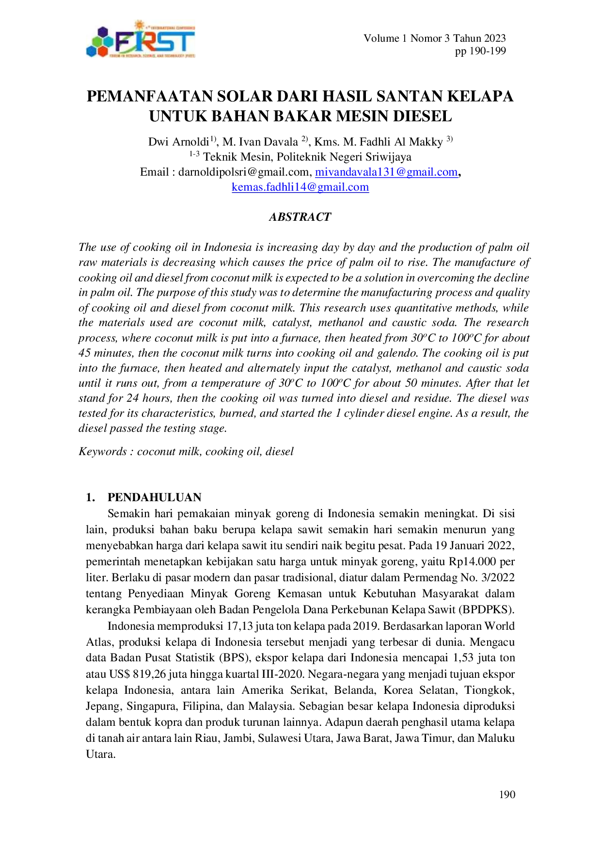 JURIS Pemanfaatan Solar dari Hasil Santan Kelapa untuk Bahan Bakar Mesin Diesel