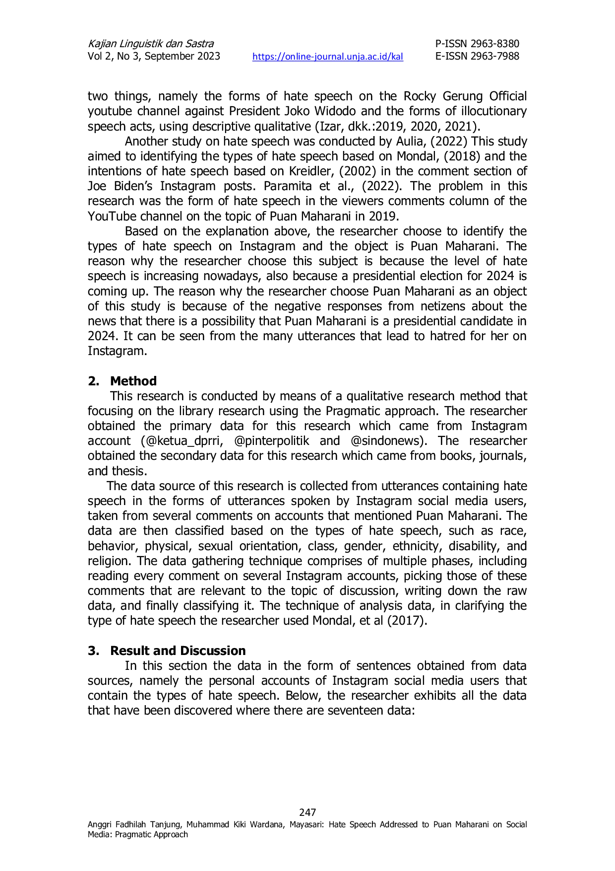 JURIS Hate Speech Addressed to Puan Maharani on Social Media Pragmatic Approach