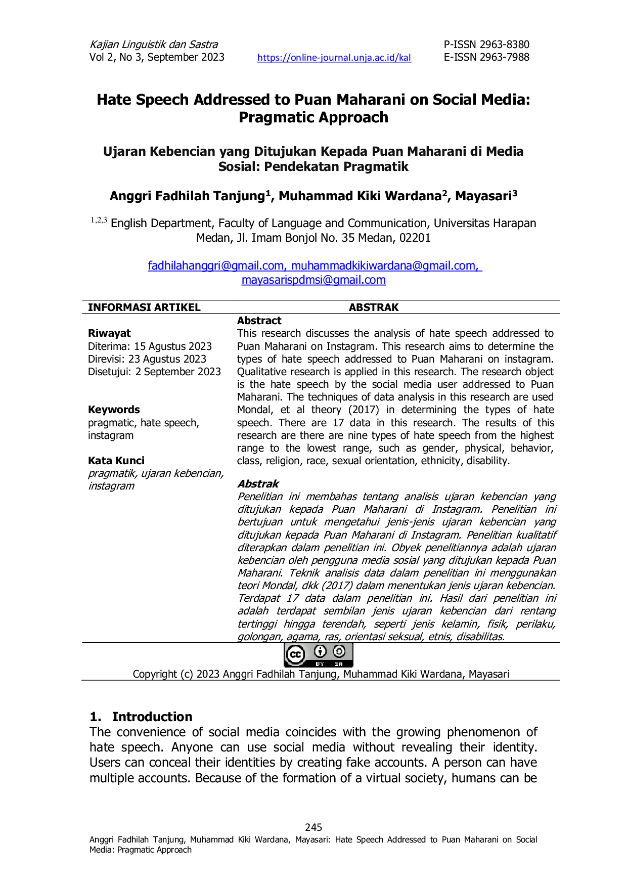 JURIS Hate Speech Addressed to Puan Maharani on Social Media Pragmatic Approach