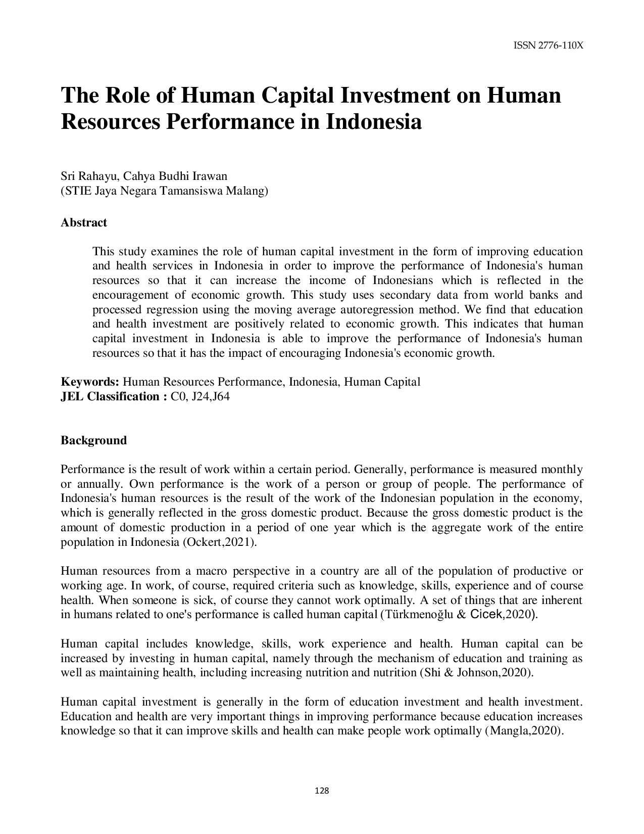 JURIS The The Role of Human Capital Investment on Human Resources Performance in Indonesia
