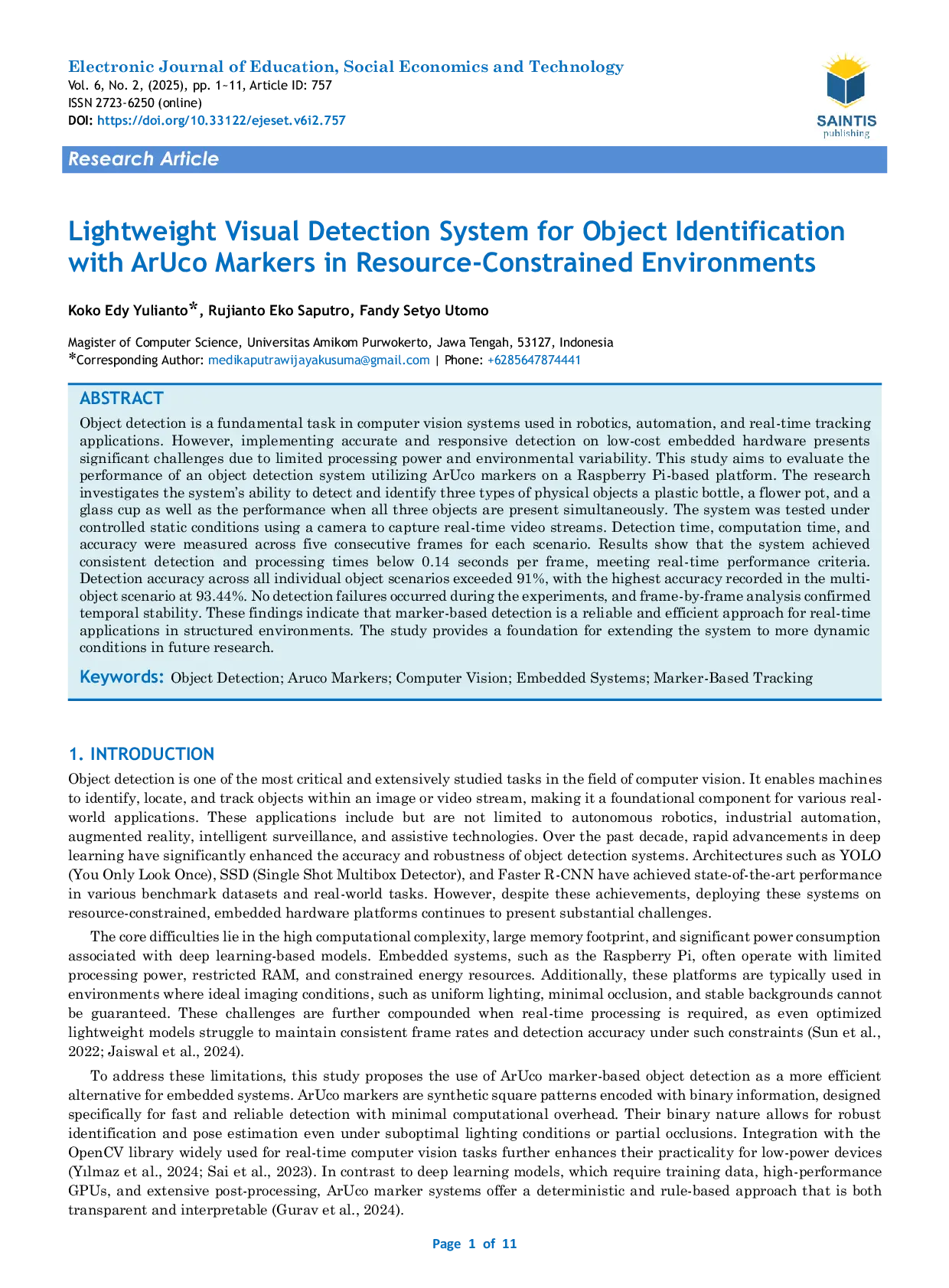 JURIS Lightweight Visual Detection System for Object Identification with ArUco Markers in Resource Constrained Environments