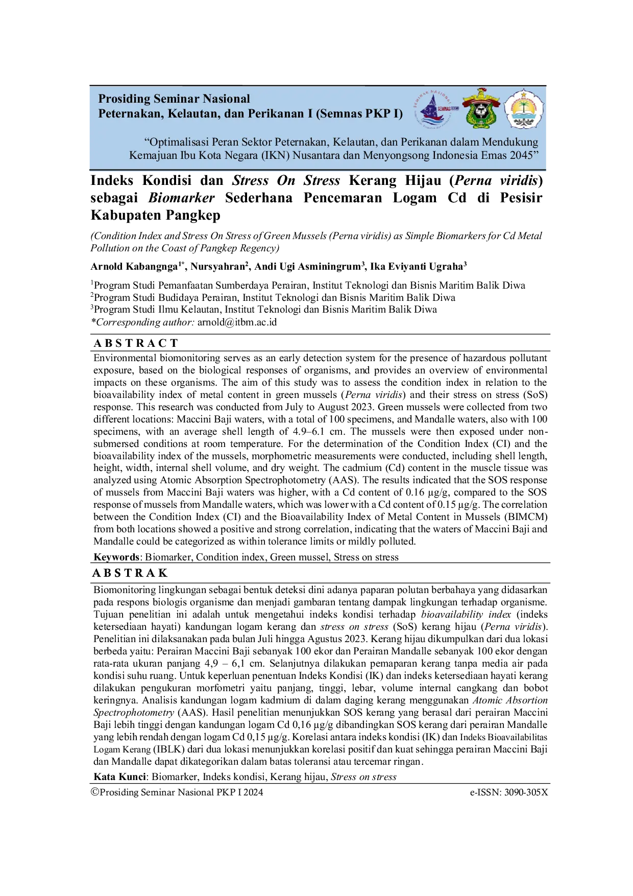 JURIS Indeks Kondisi dan Stress on Stress Kerang Hijau Perna viridis sebagai Biomarker Sederhana Pencemaran Logam Cd di Pesisir Kabupaten Pangkep