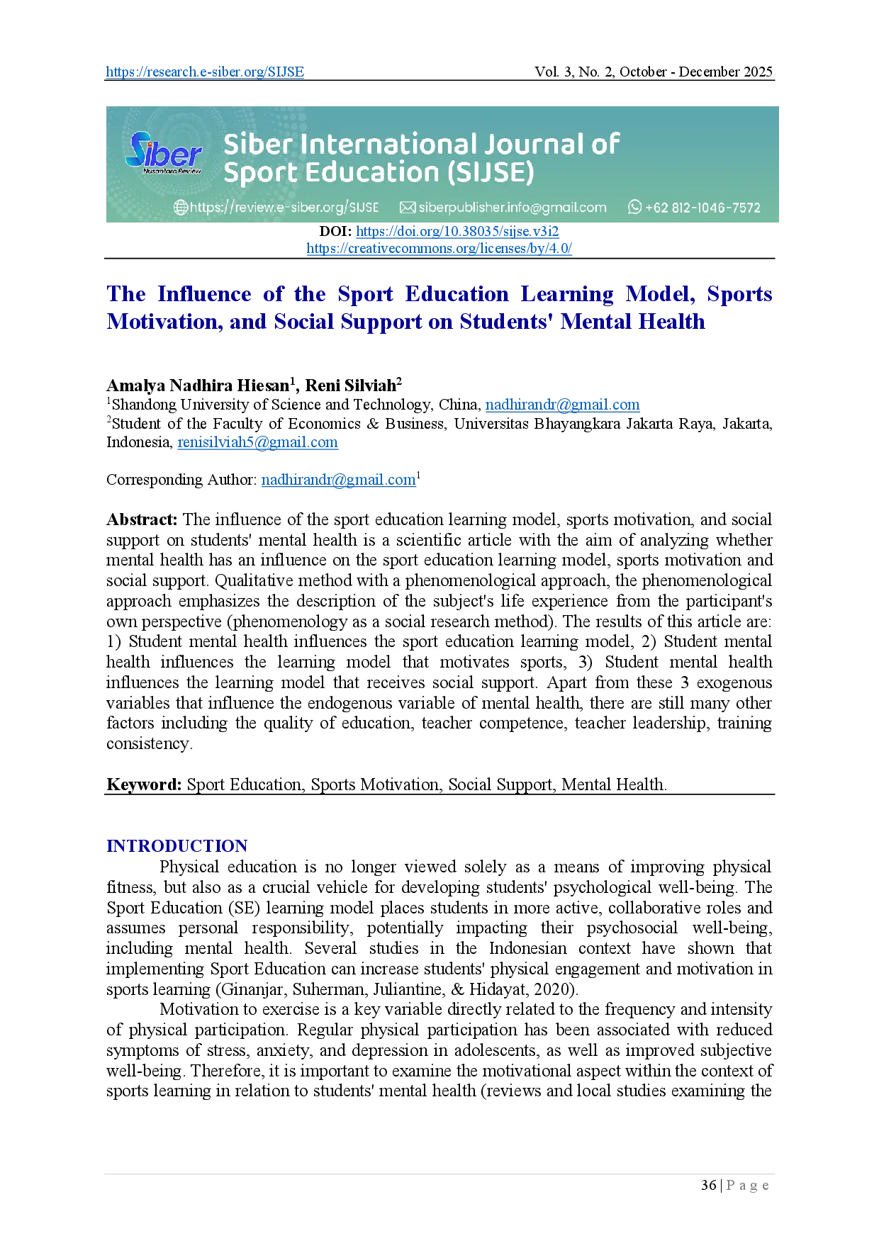 juris The Influence of the Sport Education Learning Model Sports Motivation and Social Support on Students Mental Health