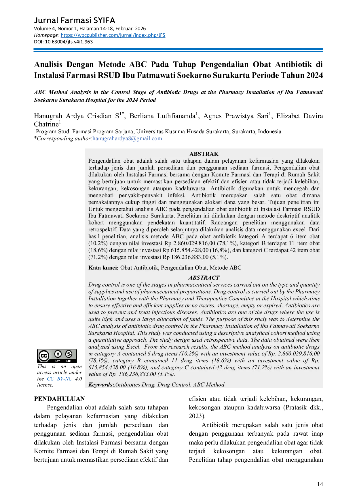 JURIS Analisis Dengan Metode ABC Pada Tahap Pengendalian Obat Antibiotik di Instalasi Farmasi RSUD Ibu Fatmawati Soekarno Surakarta Periode Tahun 2024
