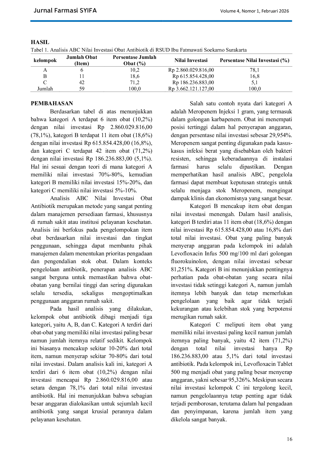 JURIS Analisis Dengan Metode ABC Pada Tahap Pengendalian Obat Antibiotik di Instalasi Farmasi RSUD Ibu Fatmawati Soekarno Surakarta Periode Tahun 2024