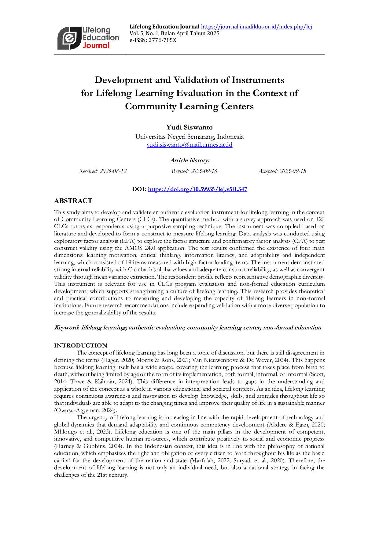JURIS Development and Validation of Instruments for Lifelong Learning Evaluation in the Context of Community Learning Centers