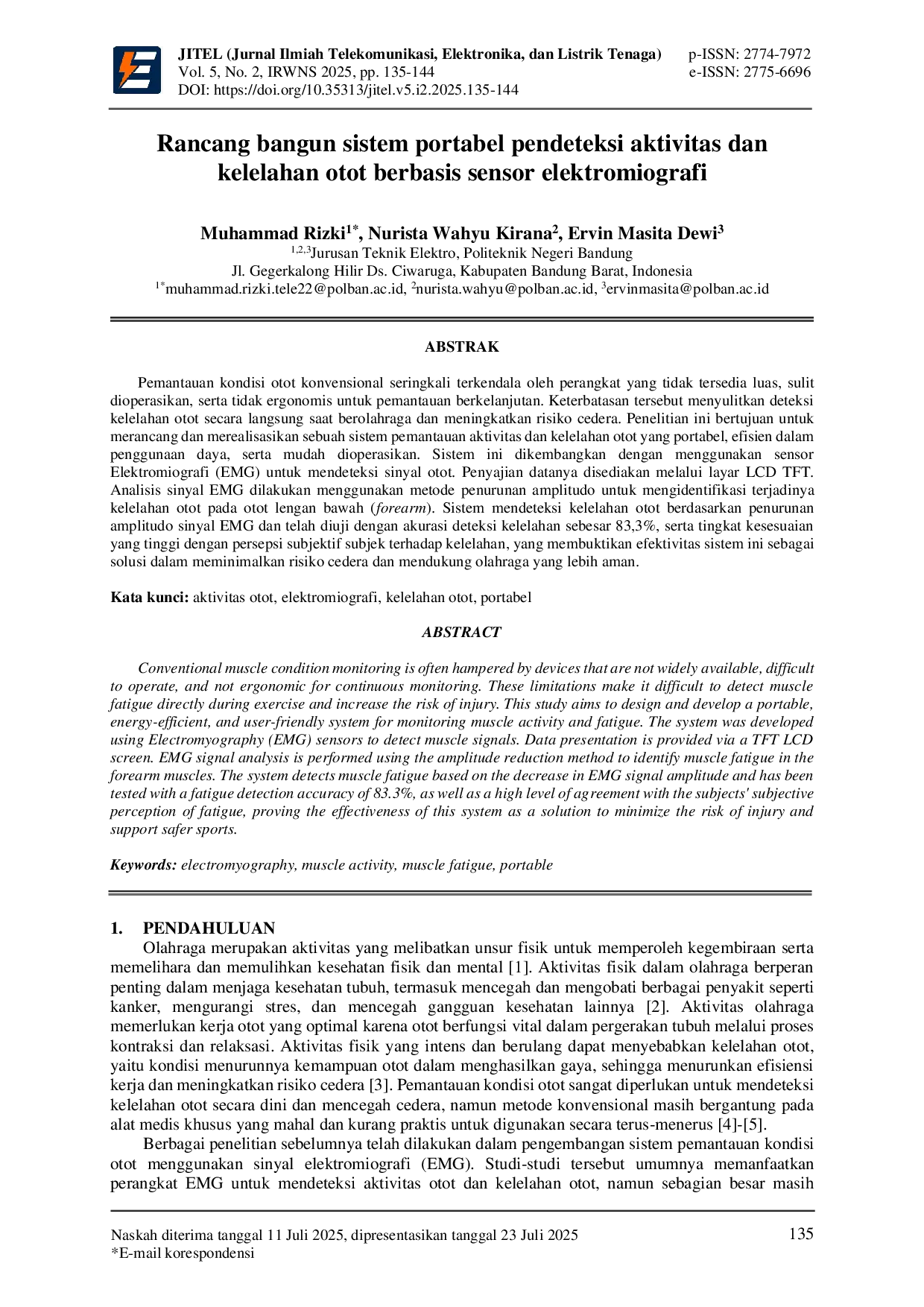 JURIS Rancang bangun sistem portabel pendeteksi aktivitas dan kelelahan otot berbasis sensor elektromiografi