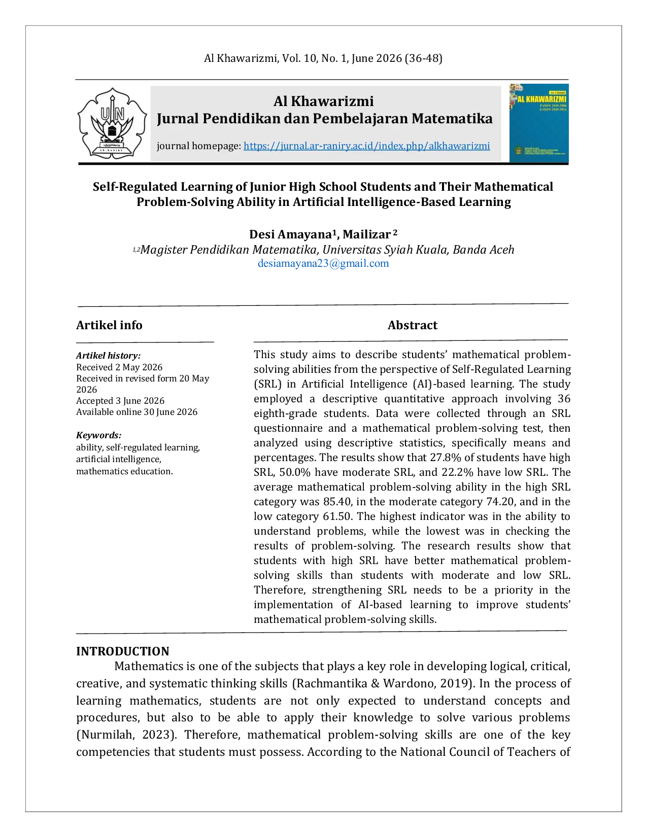 JURIS Self Regulated Learning of Junior High School Students and Their Mathematical Problem Solving Ability In Artificial Intelligence Based Learning