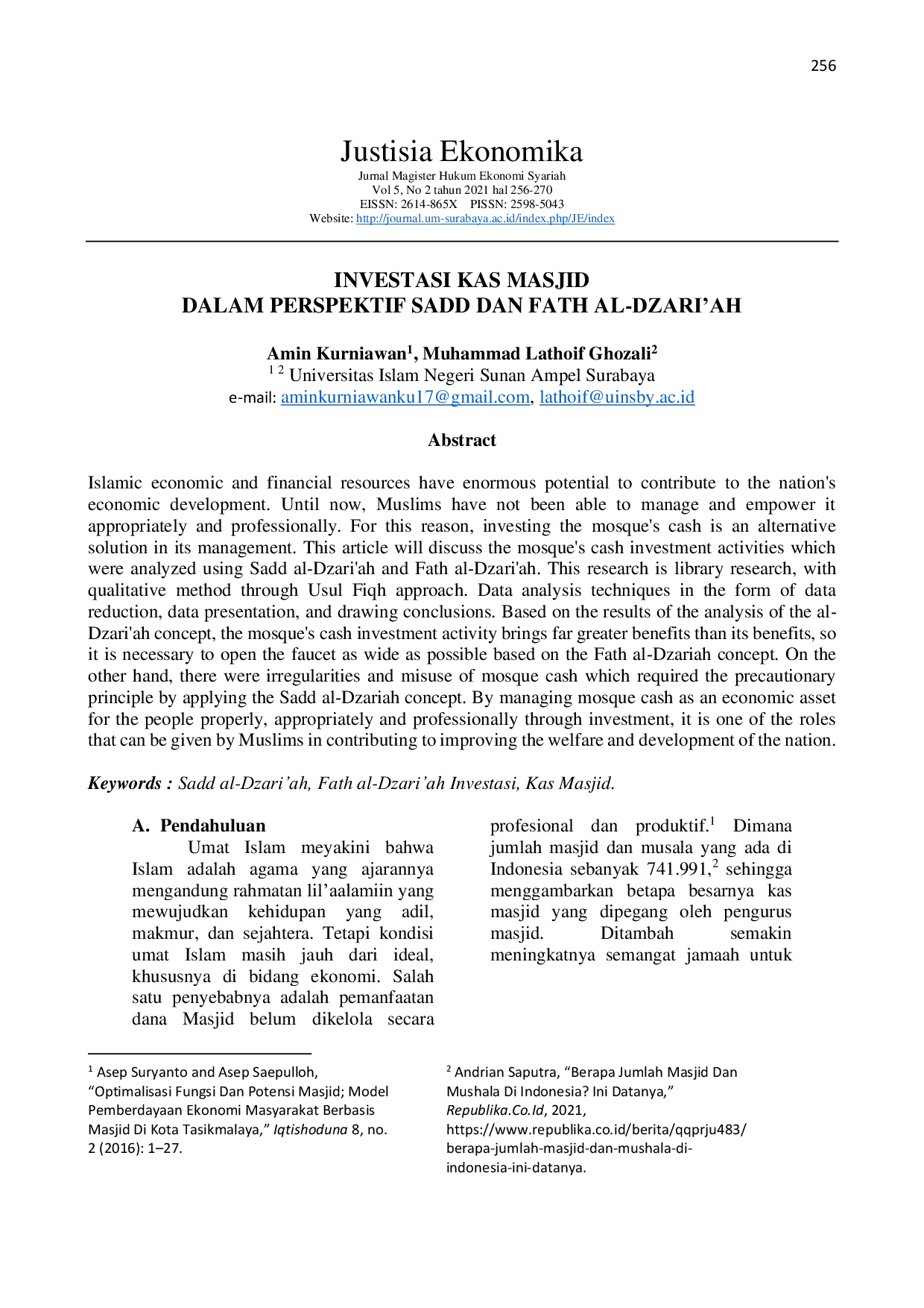 JURIS Investasi Kas Masjid Dalam Perspektif Sadd dan Fath Al Dzari ah