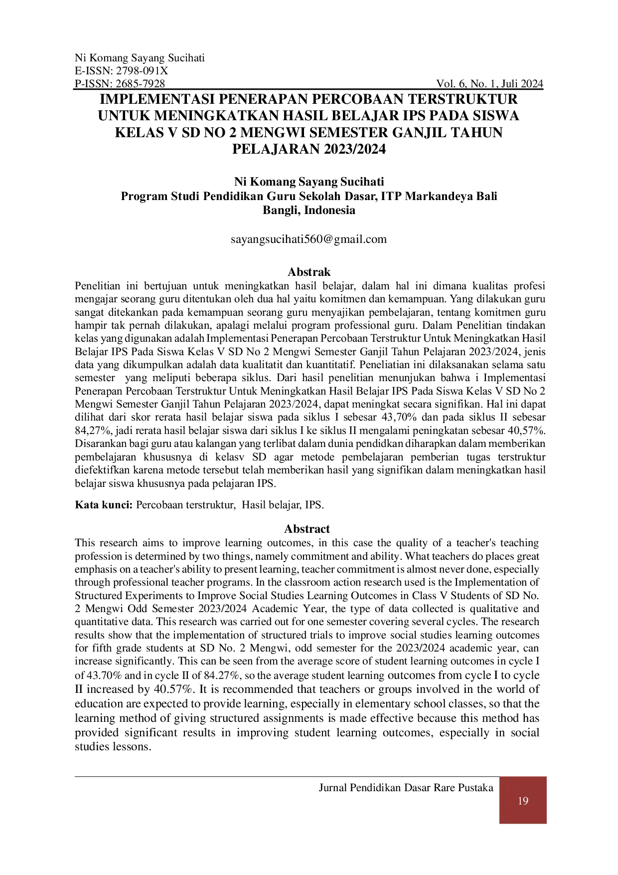 JURIS Implementasi Penerapan Percobaan Terstruktur Untuk Meningkatkan Hasil Belajar Ips Pada Siswa Kelas V Sd No 2 Mengwi Semester Ganjil Tahun Pelajaran 2023 2024