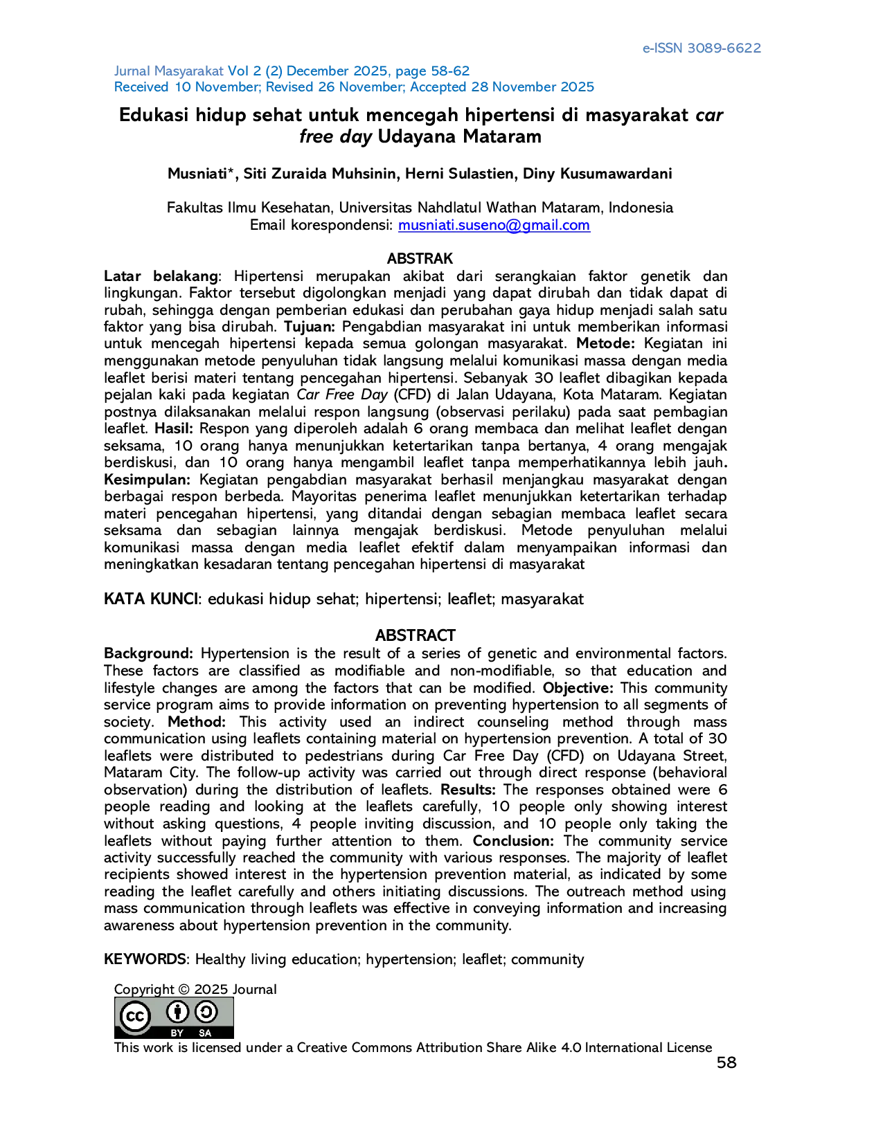 JURIS Edukasi hidup sehat untuk mencegah hipertensi di masyarakat car free day Udayana Mataram