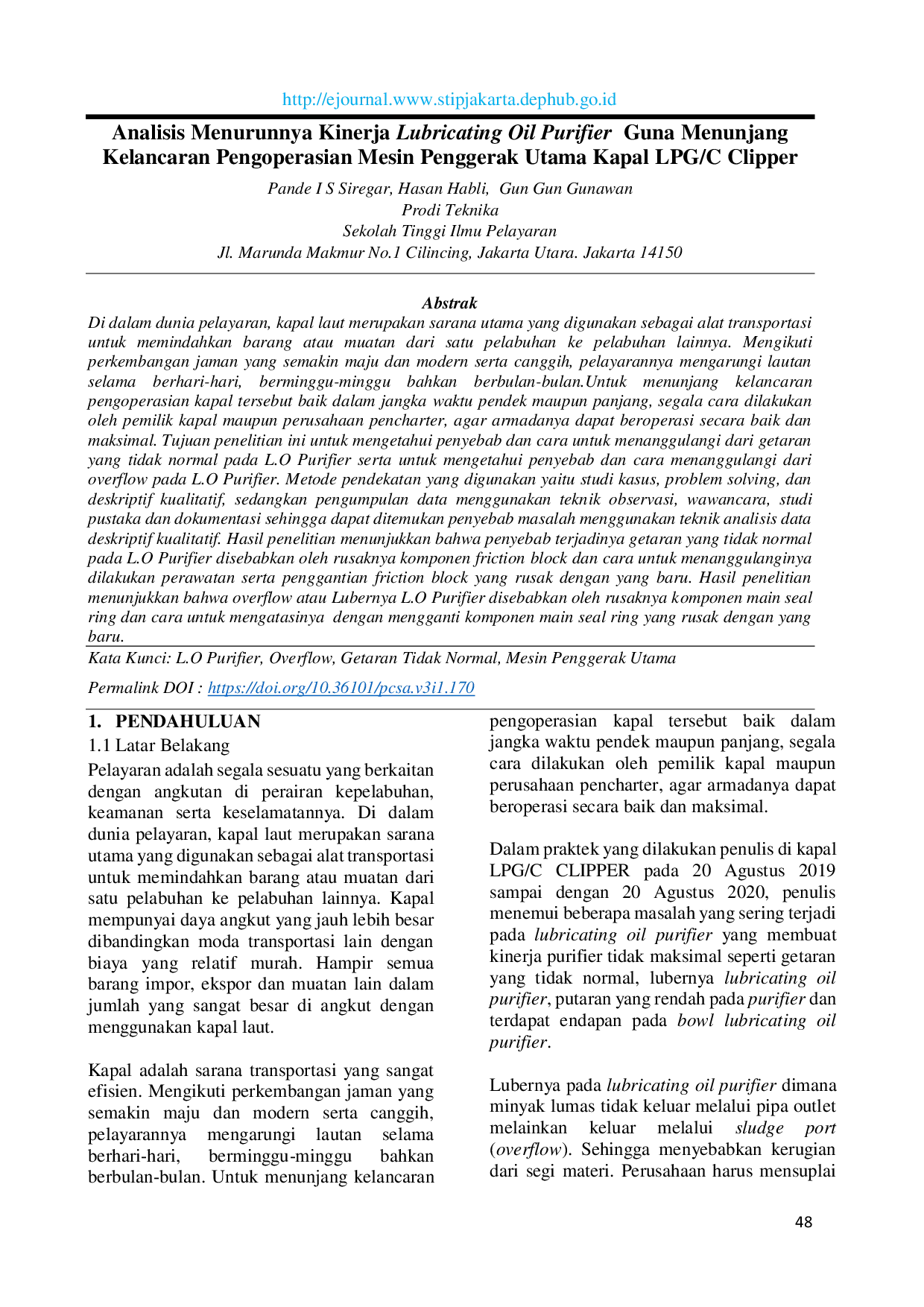 JURIS Analisis Menurunnya Kinerja Lubricating Oil Purifier Guna Menunjang Kelancaran Pengoperasian Mesin Penggerak Utama Kapal LPG C Clipper