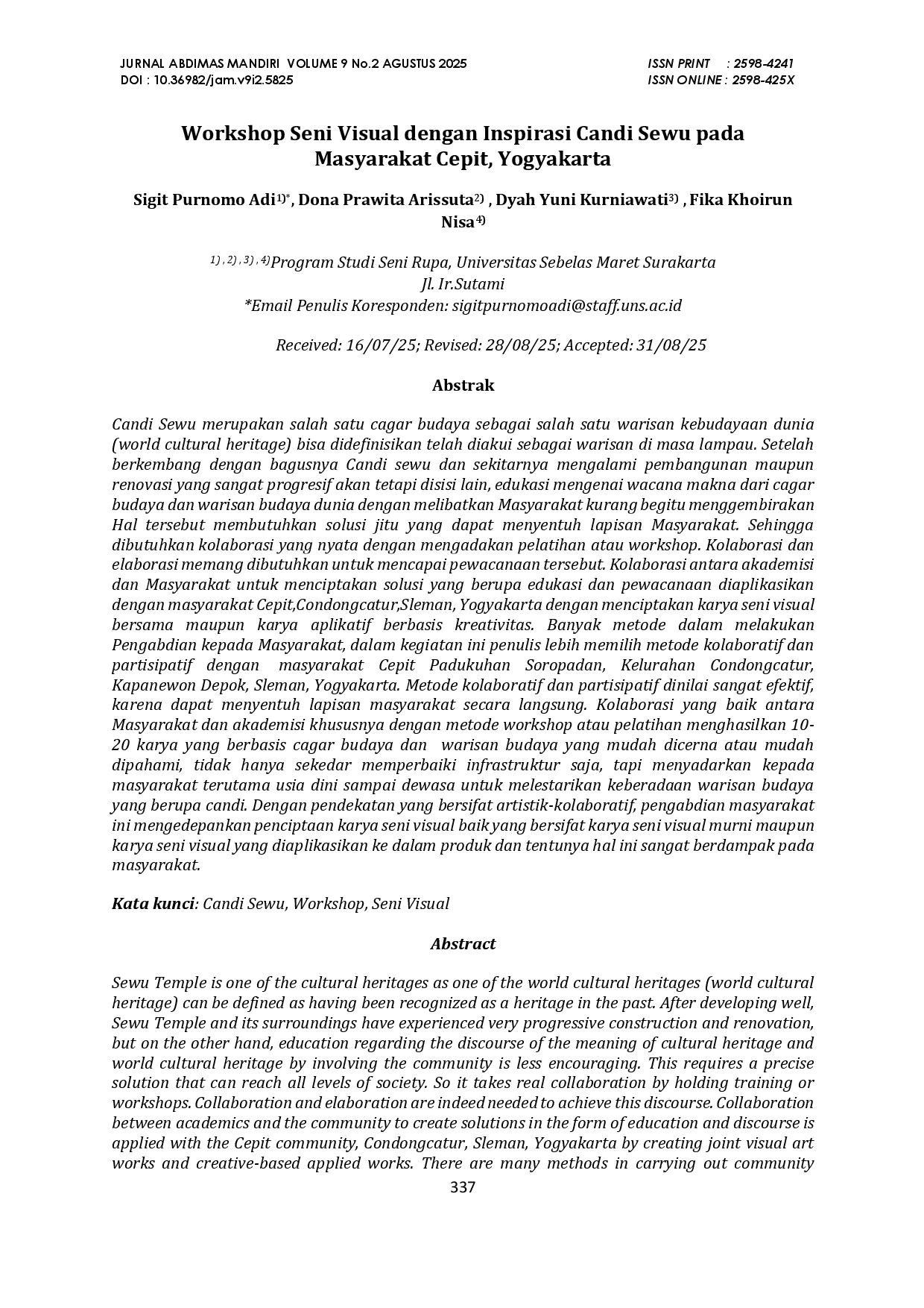 juris Workshop Seni Visual dengan Inspirasi Candi Sewu pada Masyarakat Cepit Yogyakarta