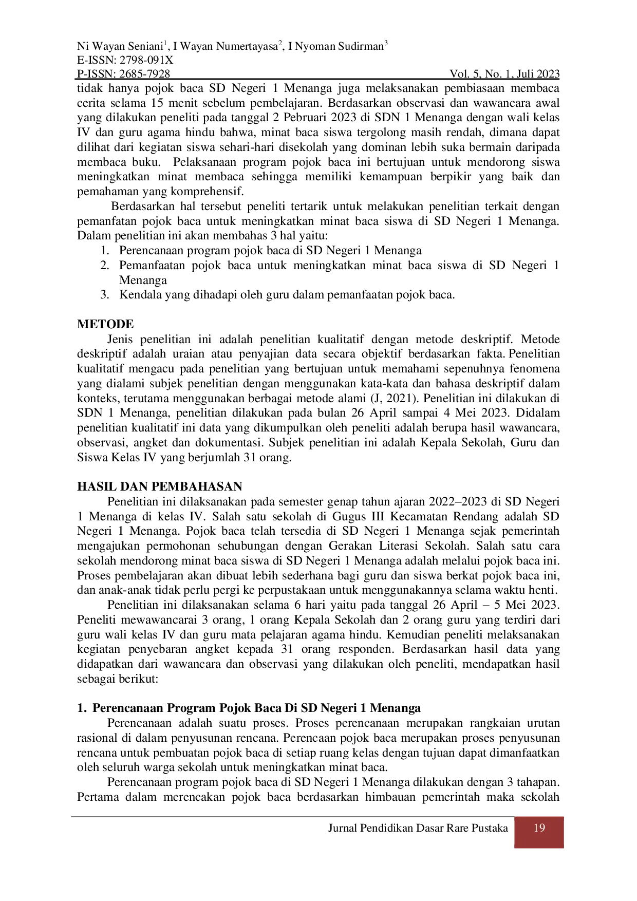 JURIS Pemanfaatan Pojok Baca untuk Meningkatkan Minat Baca Siswa di SD Negeri 1 Menanga