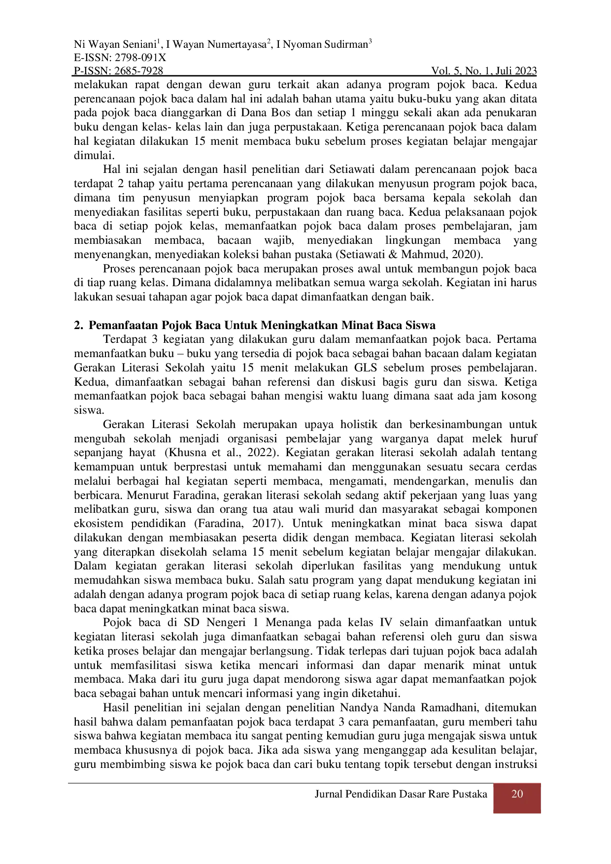 JURIS Pemanfaatan Pojok Baca untuk Meningkatkan Minat Baca Siswa di SD Negeri 1 Menanga